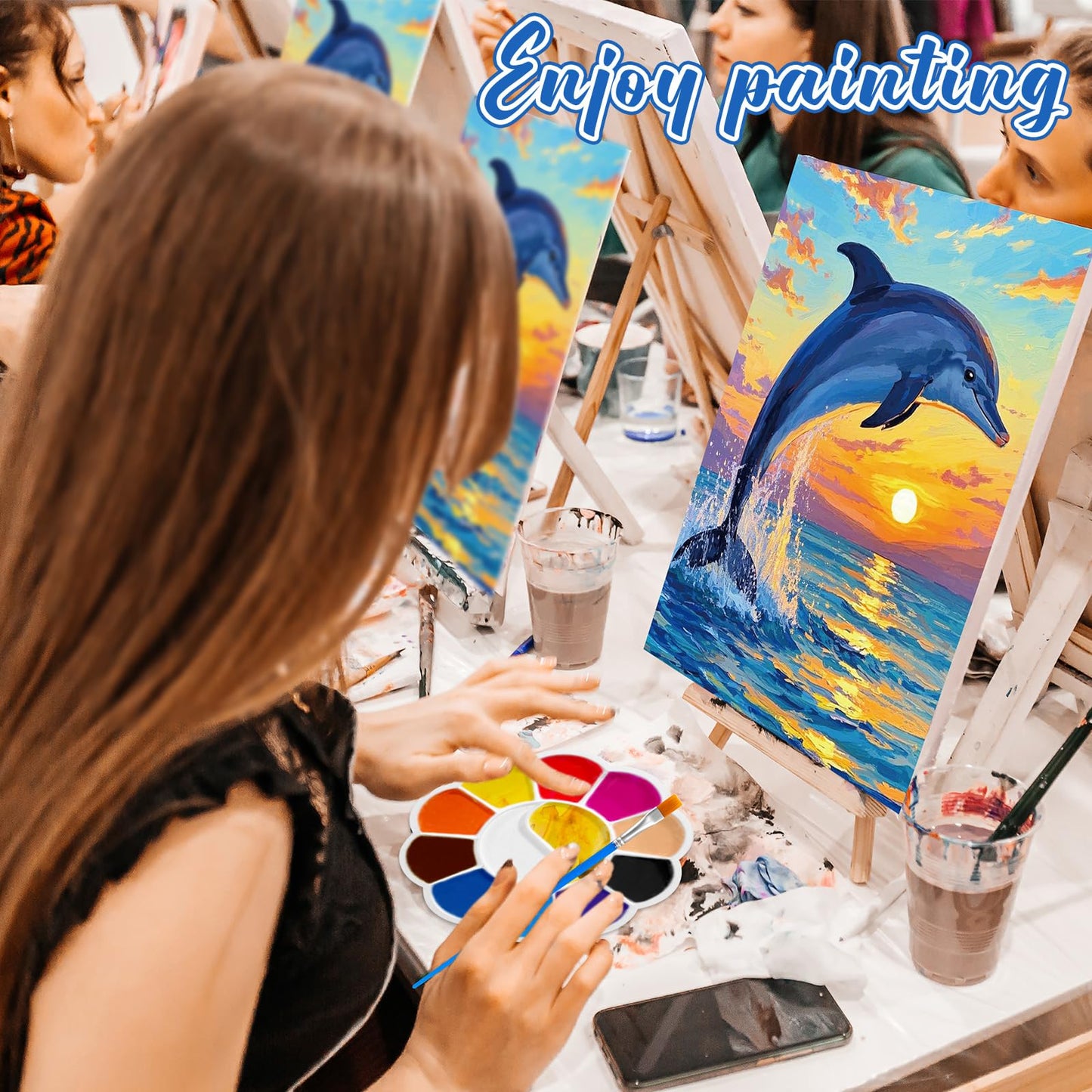 Motipuns 6 Set Pre Drawn Canvas for Painting for Adults Sip and Paint Kit with Easels 8 x 10 Inches Paint Party Kit with Printed Canvas Paints Brushes Palette Apron(Sunset Dolphin)