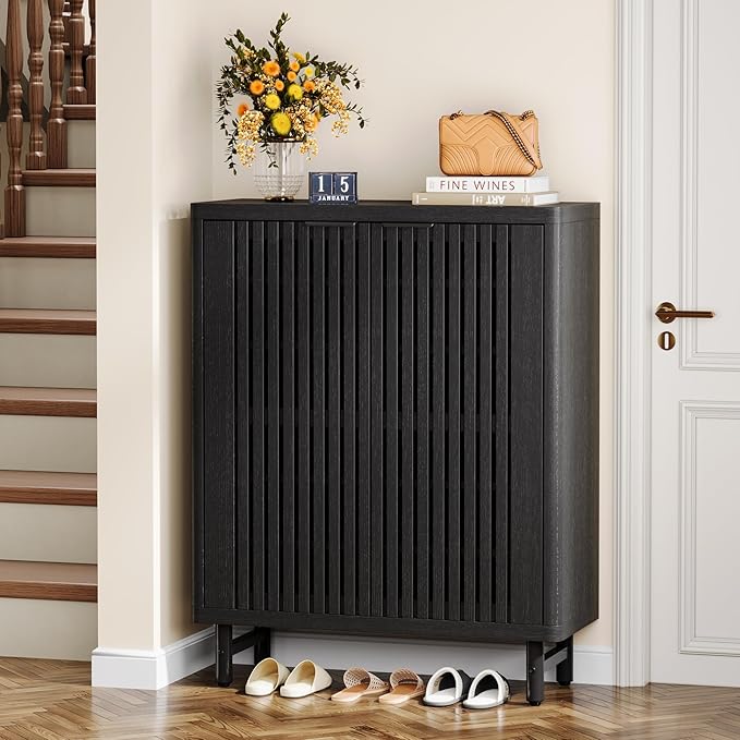 Tribesigns 6-Tier Farmhouse Shoe Cabinet with Shutter Doors, Wooden Shoe Organizer Rack with Adjustable Shelves, Modern Large Hidden Storage Furniture for Entryway, Hallway (Black)