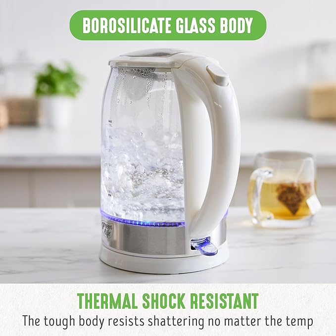 GreenLife 1.7 Liter Glass Electric Kettle, Easy One Touch Use, Quick Heating, Filtered Spout, LED Base, Auto Shut-Off, Cordless Serving, Coffee and Tea, White