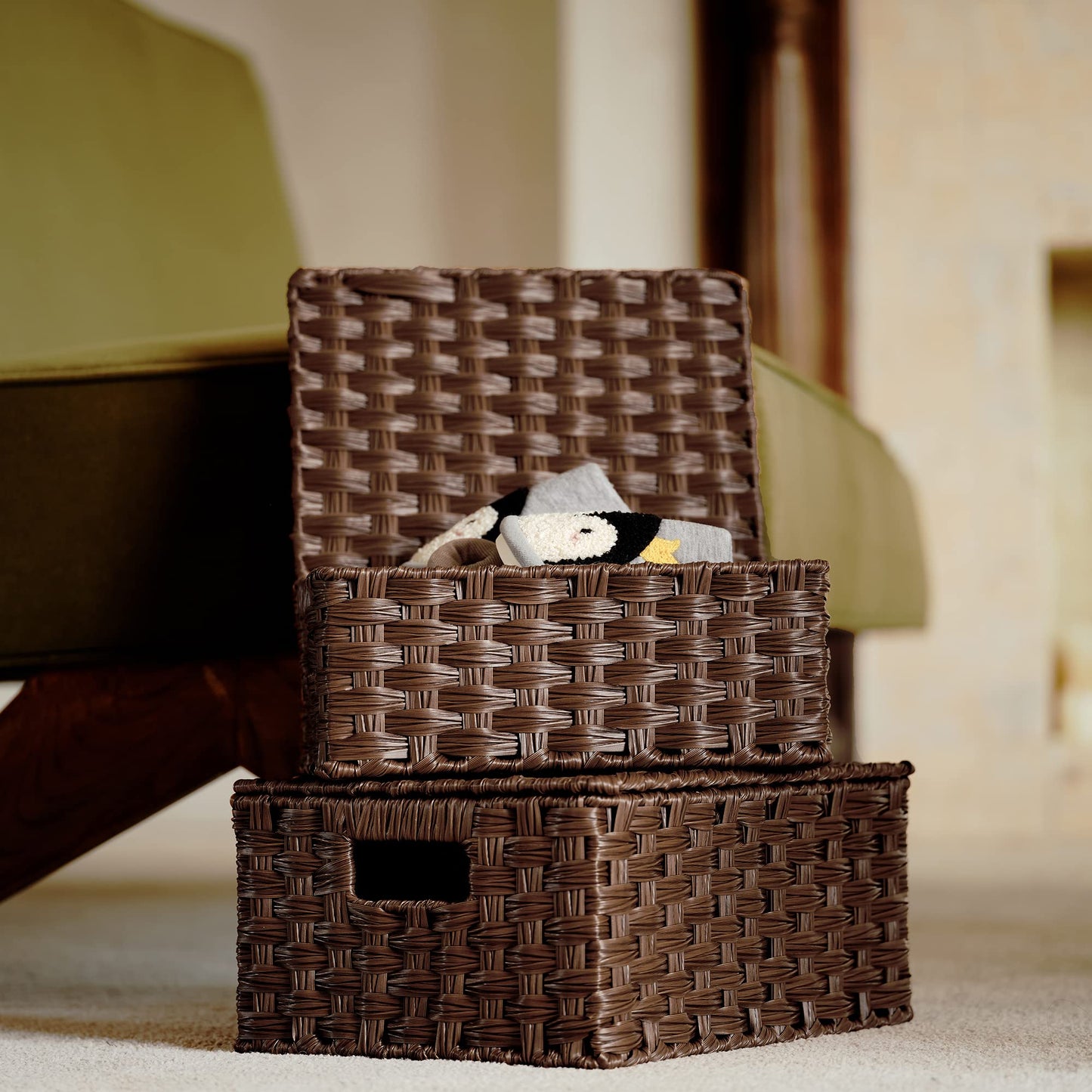GRANNY SAYS Wicker Baskets with Lids, Set of 3 Decorative Storage Boxes, Woven Basket for Organizing, Storage and Organizer Baskets, Brown, 3-Pack
