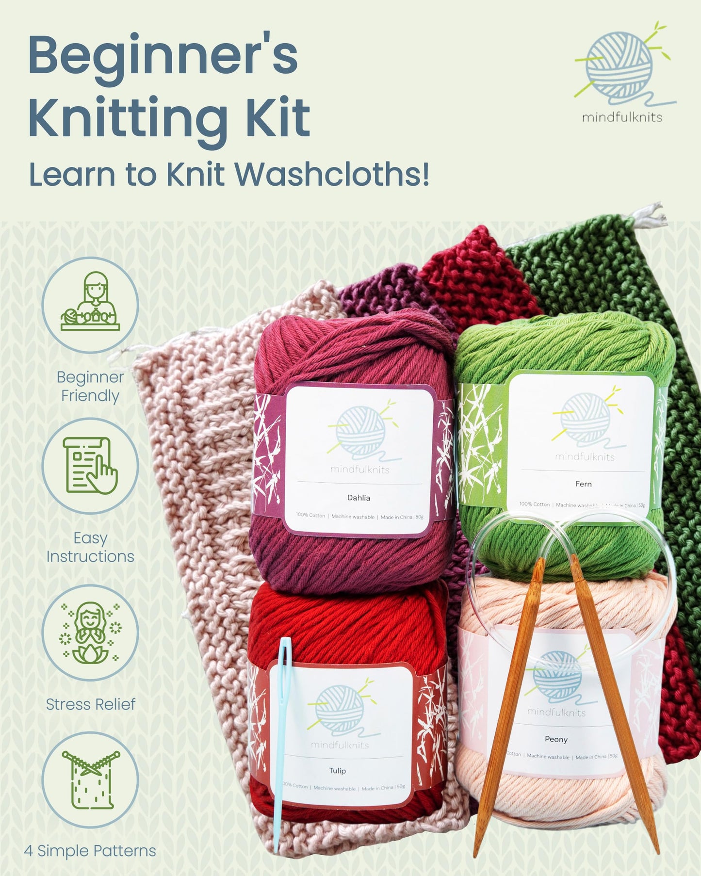 mindfulknits - Beginners Washcloth Knitting Kit - Includes 100% Cotton Knitting Yarn + Circular Knitting Needles & Yarn Needle (Flora Colored Cotton Yarn) - Mindful Crafting Kit
