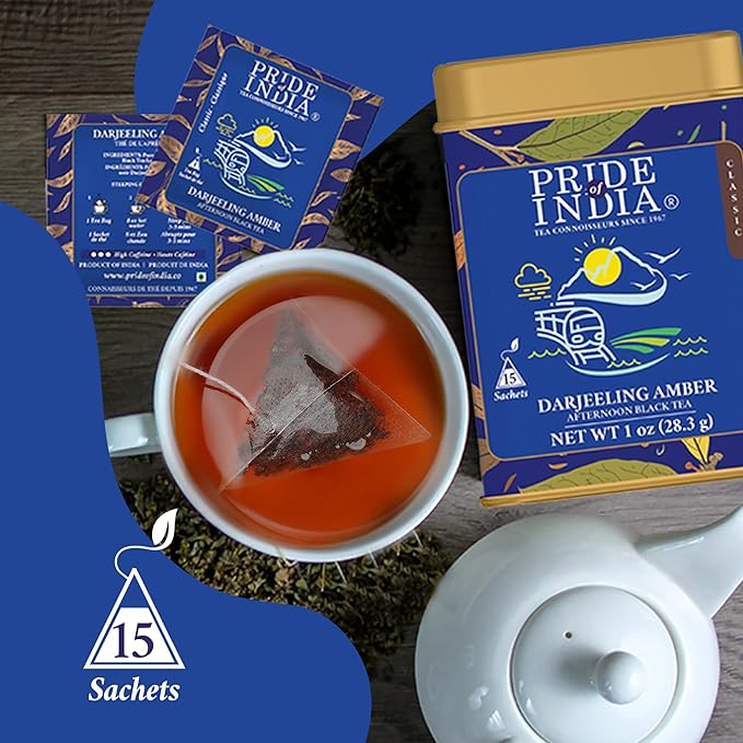 Pride of India | Darjeeling Amber: Afternoon Black Tea | 15 Pyramid Full Leaf Individually Wrapped Tea Bags | Smooth, Musky, Flowery Flavor| Single Estate Certified Classic Tea