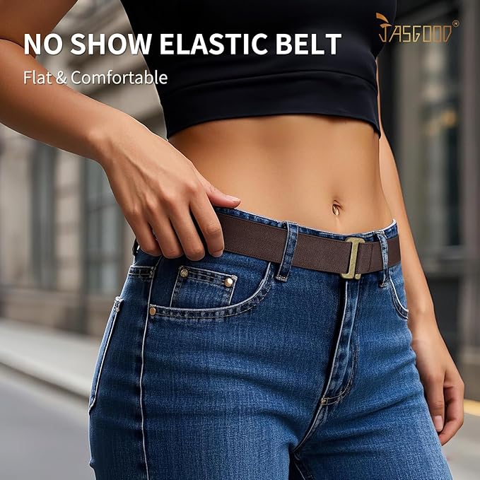 JASGOOD Women No Show Stretch Belt Elastic Web Strap Belt with Flat Buckle for Jeans Pants Dresses