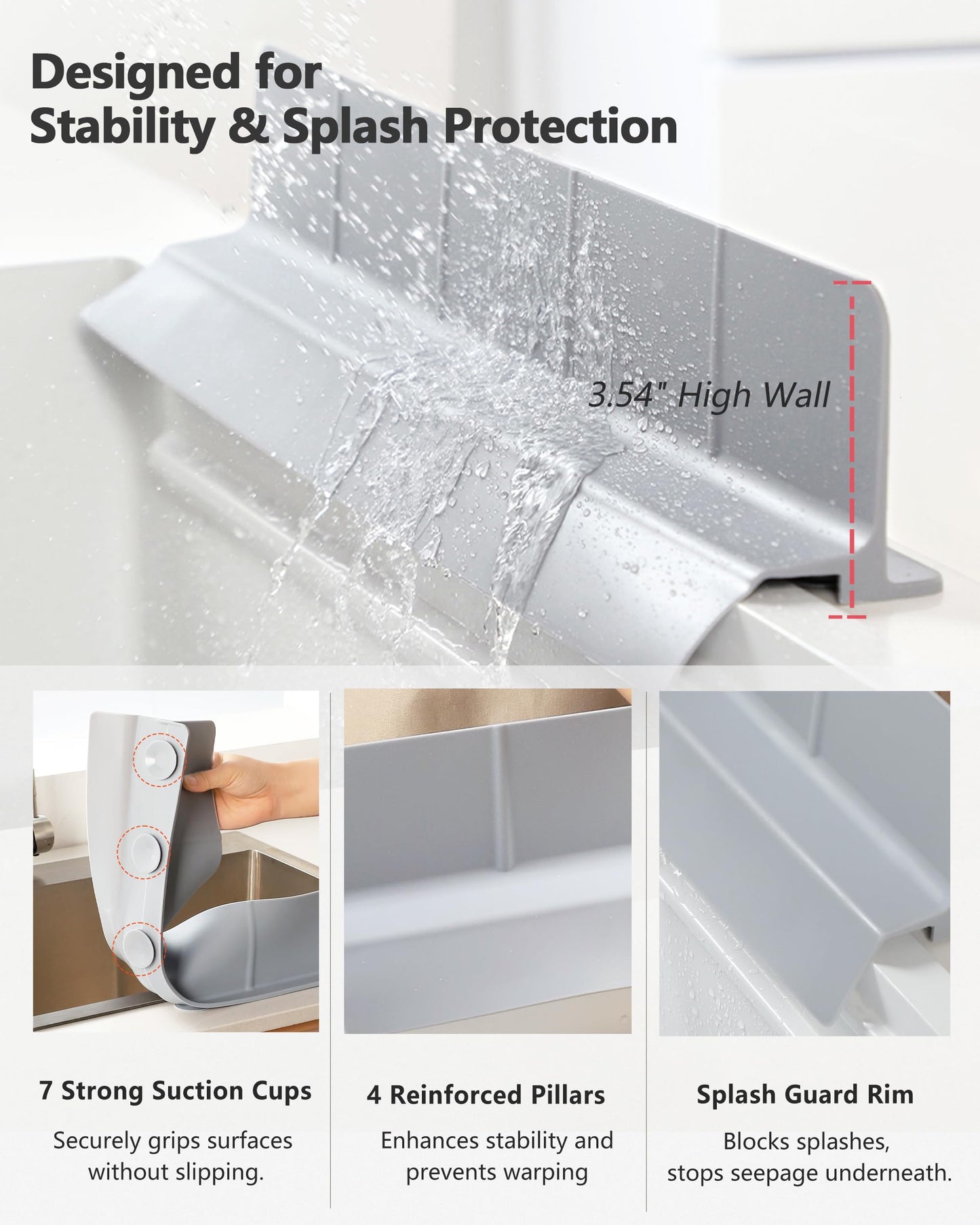 Akrelyan Kitchen Sink Splash Guard 23" 18" Self-Draining Silicone Water Guard with High Splash Wall & Strong Suction Cups for Faucet, Countertop & Sink Edge, Keeps Sinks Dry, Dishwasher Safe, Gray