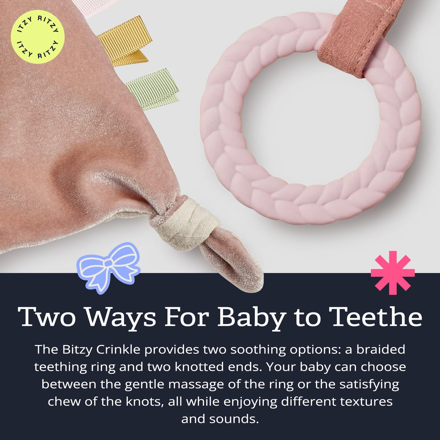 Itzy Ritzy - Bitzy Crinkle Sensory Toy Bunny with Crinkle Sound for Babies & Toddlers - Features Soft Braided Teething Ring & Textured Ribbons, Designed for Ages 0 Months and Up, Bunny