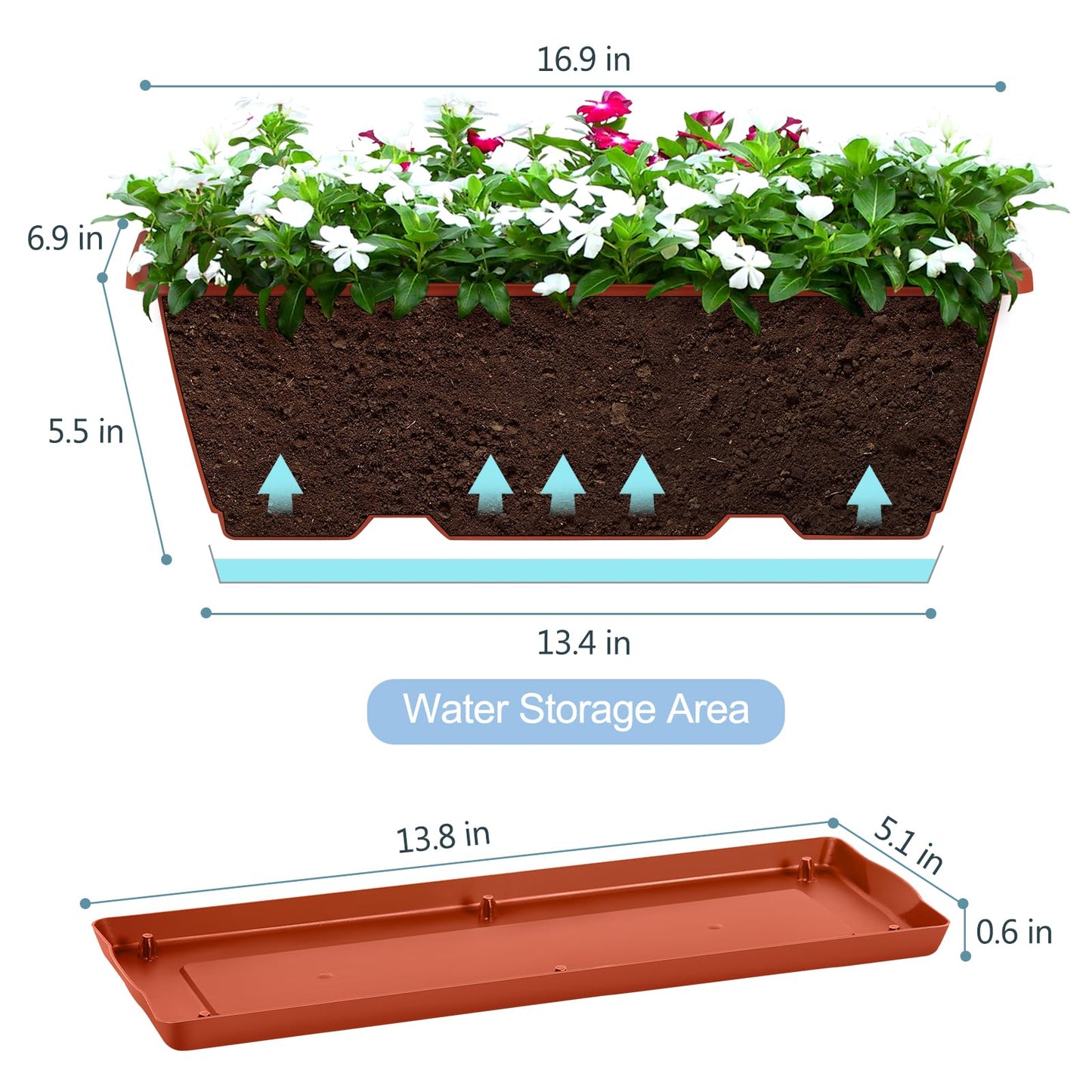 Window Boxes Planters 17’’ Railing Planter Box with Adjustable Brackets, 4 Pack Hanging Deck Railing Planters Rectangular Flower Pots for Outdoor Patio Balcony Fence