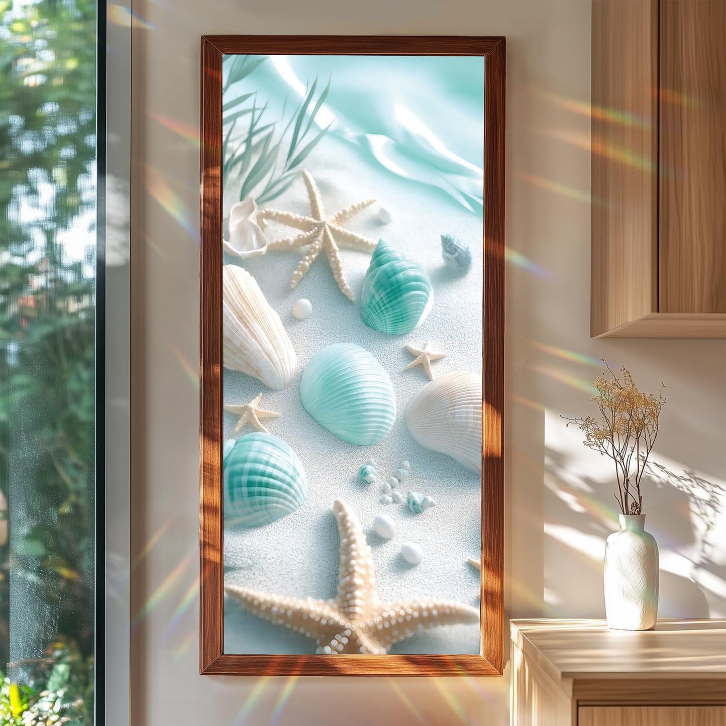 Window Film 17.3 x 39.3 Inch Decorative Privacy Glass Sticker Beach Seashell Starfish Ocean Sand Pattern Self Adhesive Removable Window Covering for Bathroom Kitchen Door Office Home
