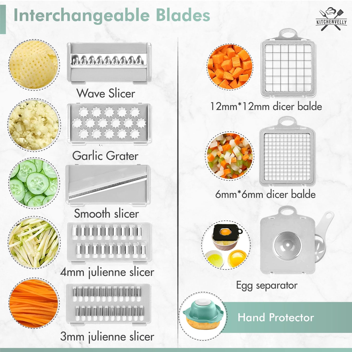 Kitchenvelly Vegetable Chopper 16 in 1 with Container, Veggie Chopper Food Chopper and Dicer, Onion Chopper Vegetable Cutter with 8 Stainless Steel Blades, Easy Meal Prep Kitchen Tool, Blue