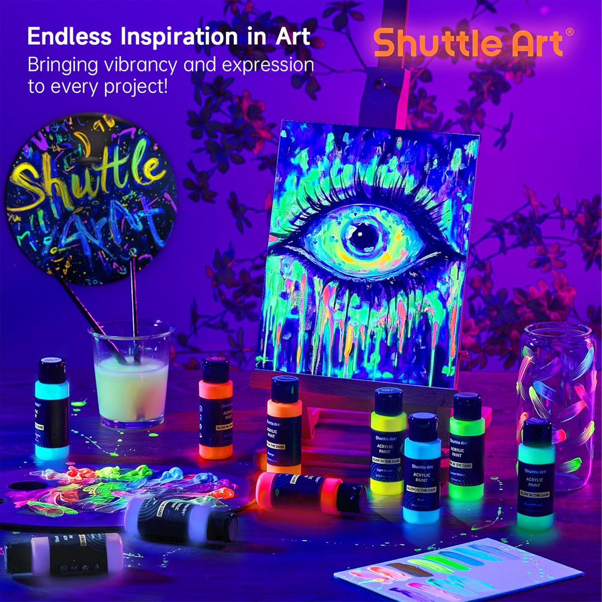 Shuttle Art Glow in the Dark Paint, 12 Colors with UV Light, 2oz/60ml Bottles, Ideal for Art Painting and Crafts, Great for Artists, Beginners on Rocks, Wood, Canvas, Fabric, and Halloween Decorations
