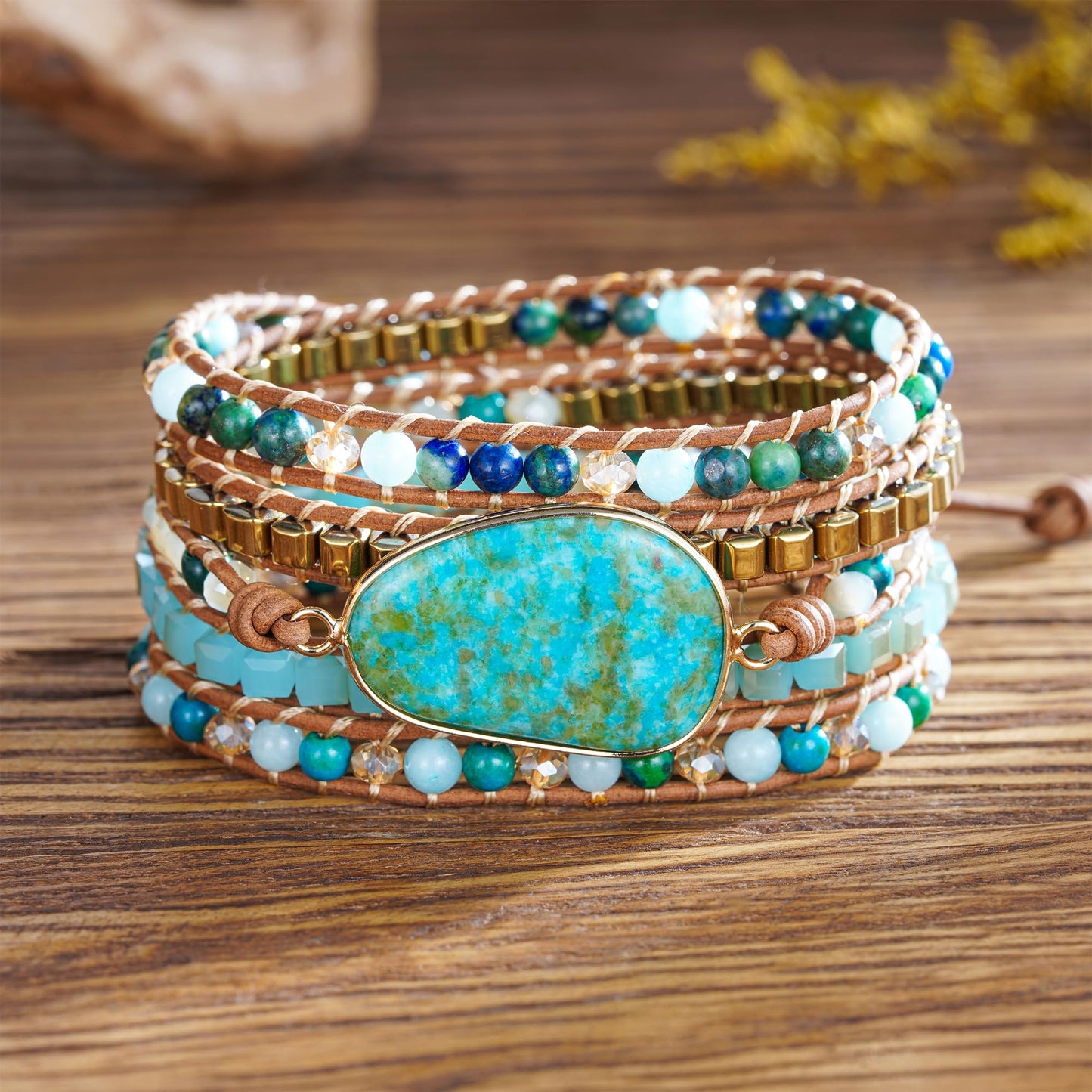 Plumiss Boho Chrysocolla Wrap Bracelet for Women Men, Handmade Leather Beaded Bracelet with Natural Stone Crystals, Bohemian Gemstone Statement Bracelet Adjustable Boho Jewelry Gift