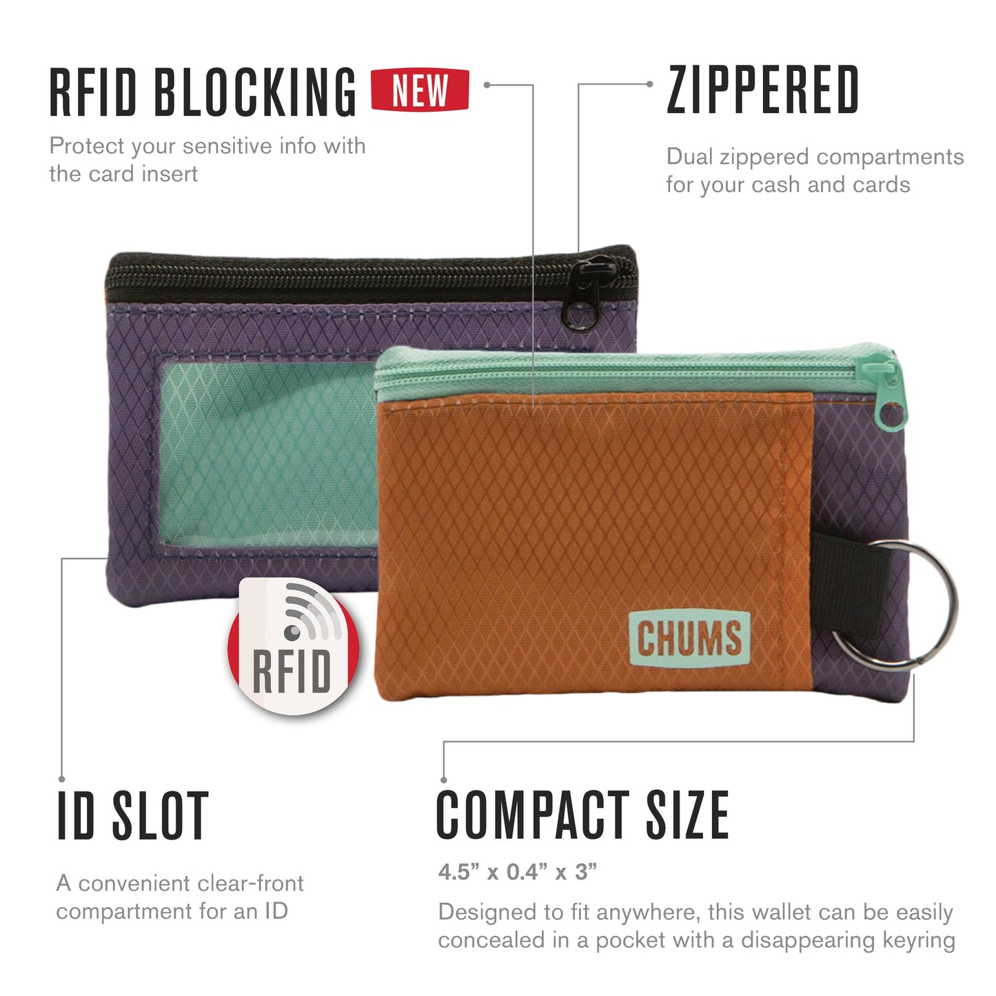 Chums Surfshorts Wallet - Lightweight Slim Wallet with RFID Blocking Card & Clear ID Window - Zippered, Water Resistant w/Key Ring (Berry/Melon)