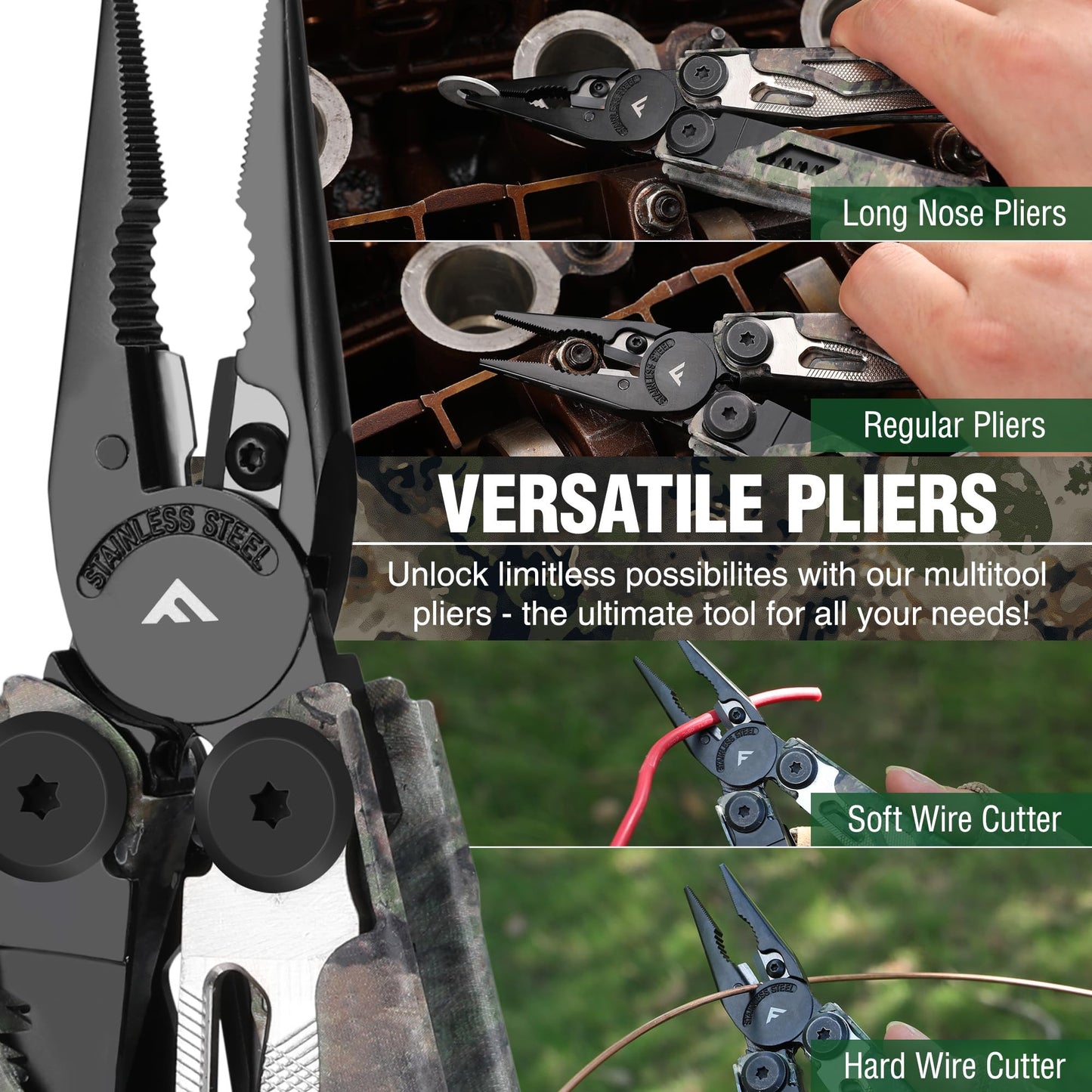 FLISSA Multitool, 18 in 1 Camo Multitool Pliers with Fire Starter, Window Breaker, Whistle, Stainless Steel EDC Gear with Sheath - Perfect for Survival, Simple Repair, Camping