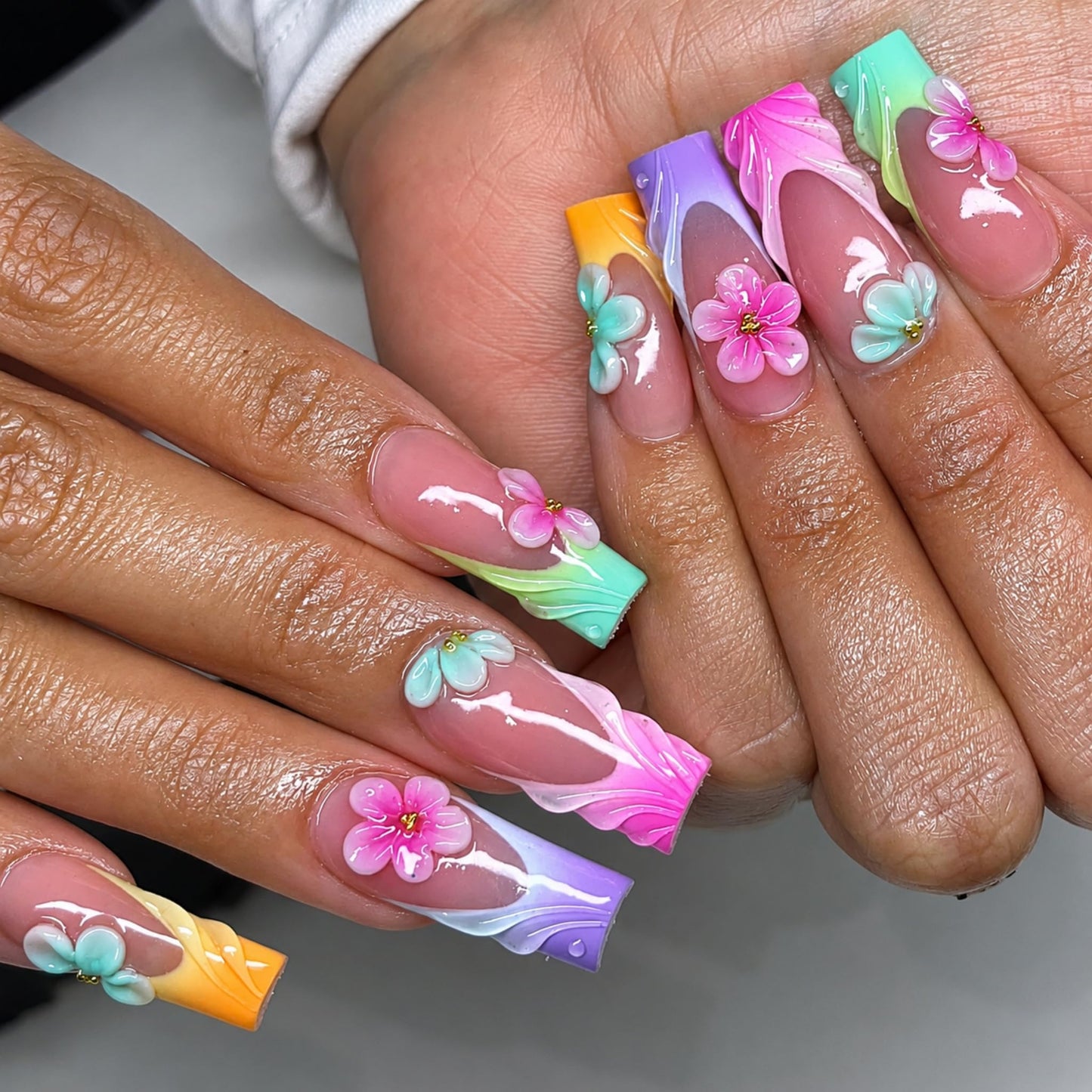 Long Press on Nails Square Fake Nails Multicolor Artificial Nail Pastel French Tips 3D Flower Petal Mint Pink Purple Summer Garden Stick on Nail for Women 24pcs