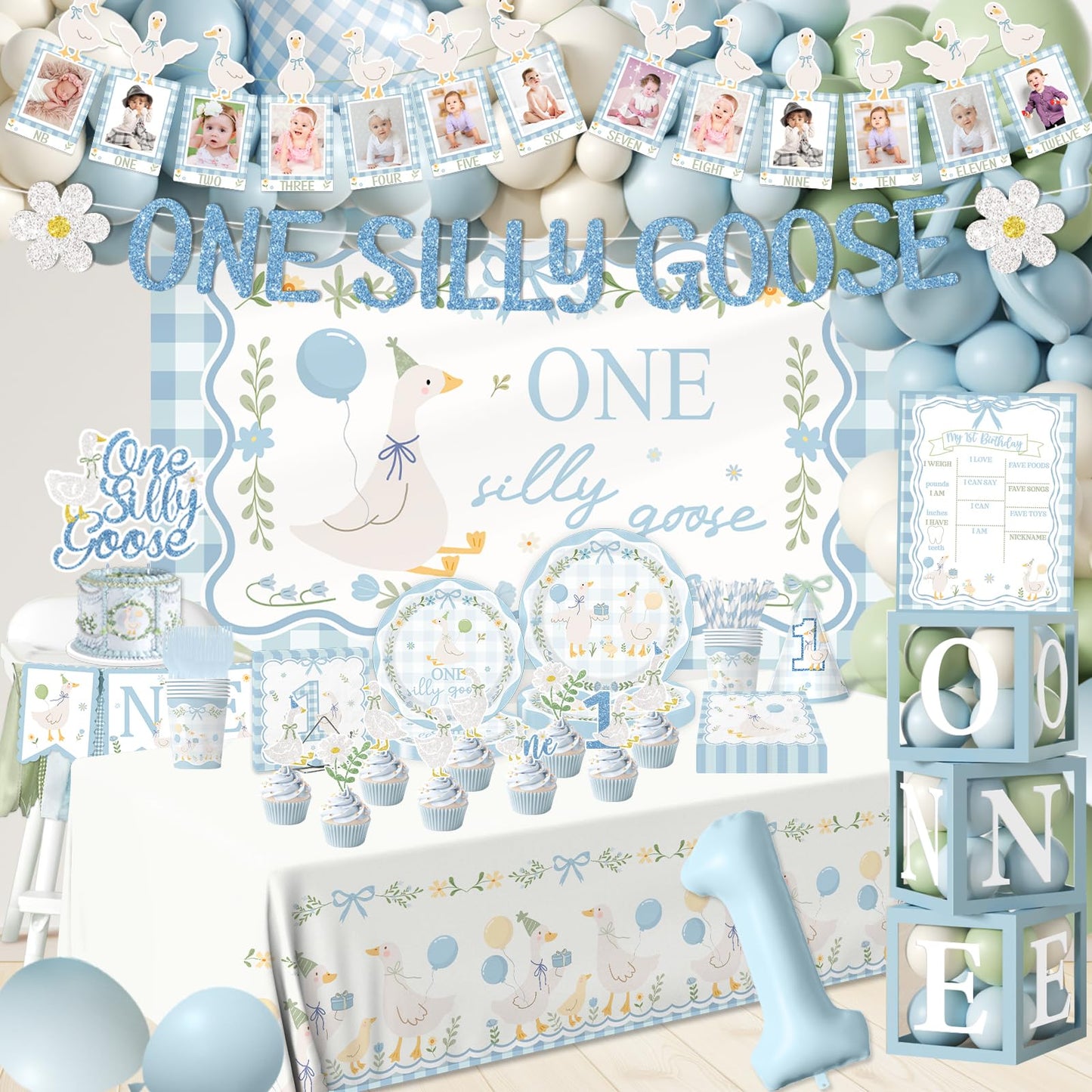 One Silly Goose Birthday Decor Boy, 270Pcs Blue Silly Goose First Birthday Decorations Kit include One Silly Goose Banner,Backdrop,Balloon Arch,Boxes,High Chair Banner,Bow Cupcake Toppers,Tableware