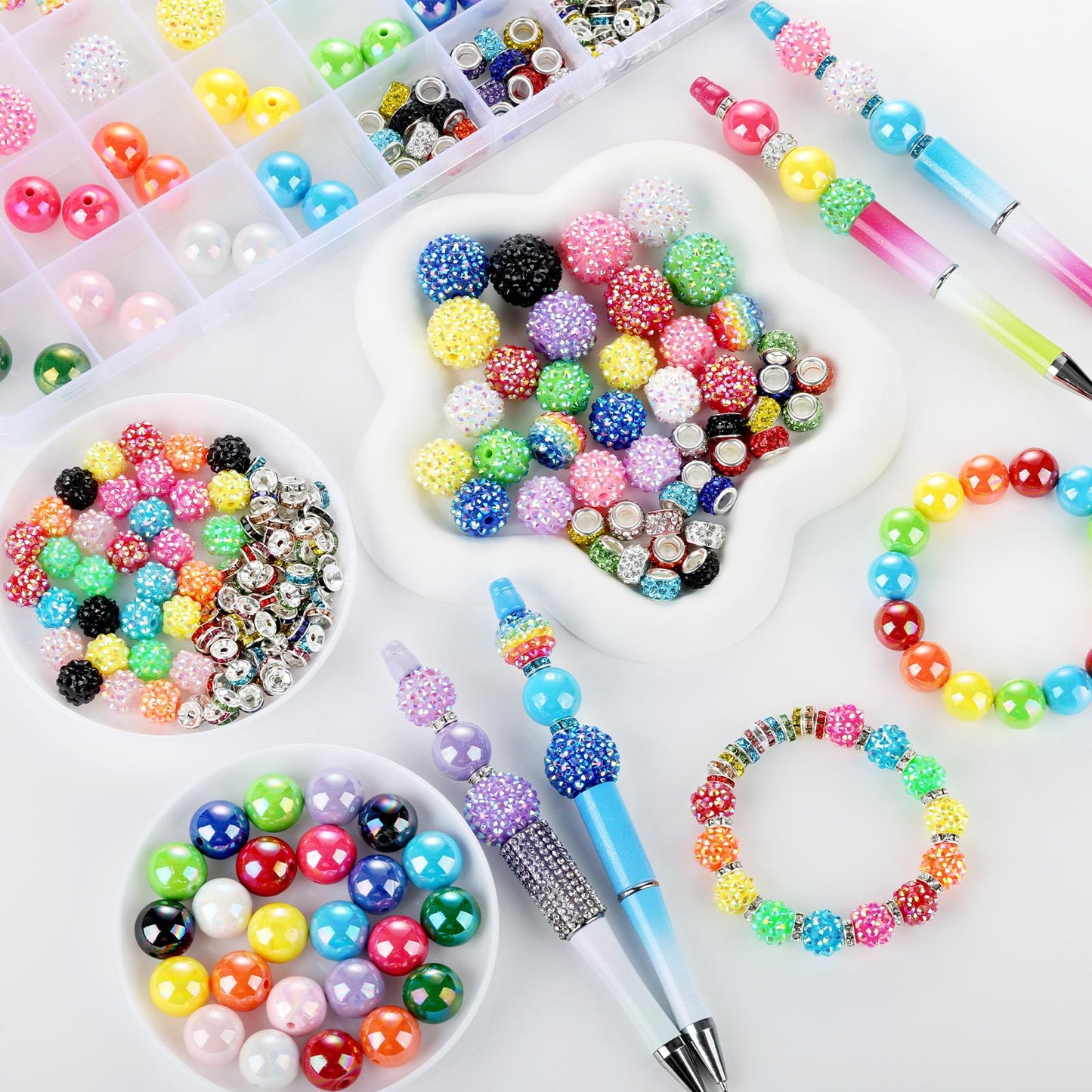 Funtopia Beads for Pens Keychains, 200pcs Bubblegum Focal Beads for Beadable Pens, 12mm 16mm 20mm Rainbow Acrylic Chunky Beads with Rhinestone Rondelle Spacer Bead for DIY Craft Making Supplies