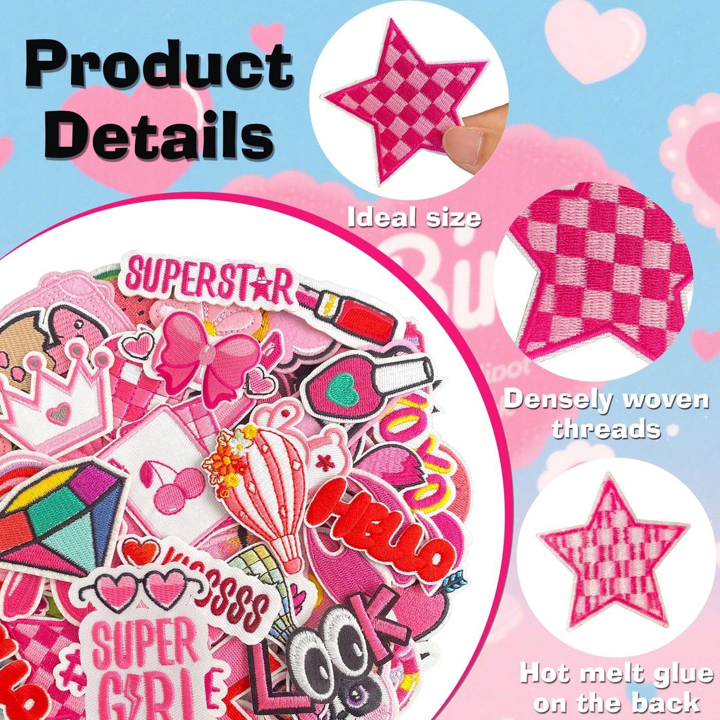 60Pcs Random Pink Iron on Patches for Girls, Assorted Cute Iron on/Sew on Appliques for Clothes, Dresses, Hats, Socks, Jeans, DIY Accessories
