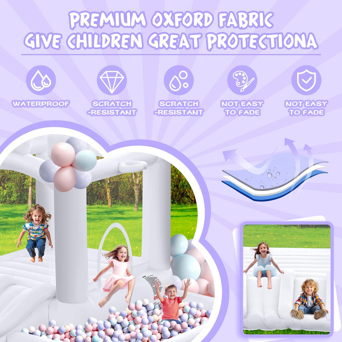 FINCOME White Bounce House, Inflatable Bounce Castle with Double Slide Ball Pit 370W Blower Bouncer for Toddler, Bounce House Bouncy Castle for Indoor Outdoor Backyard Wedding Kids Birthday Party