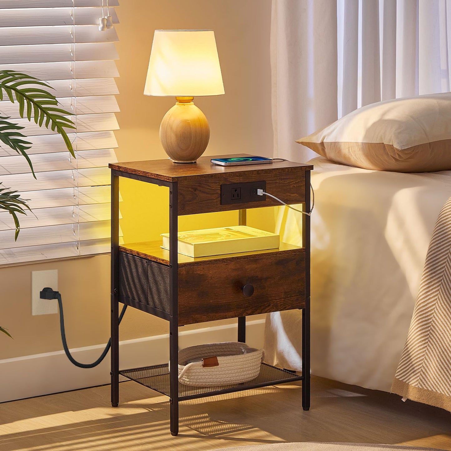 HOOBRO End Table and Nightstand Bundle, Small Side Table with 2-Tier Storage Shelves, End Table with Charging Station, BF91BZ01-BF209UDBZ01