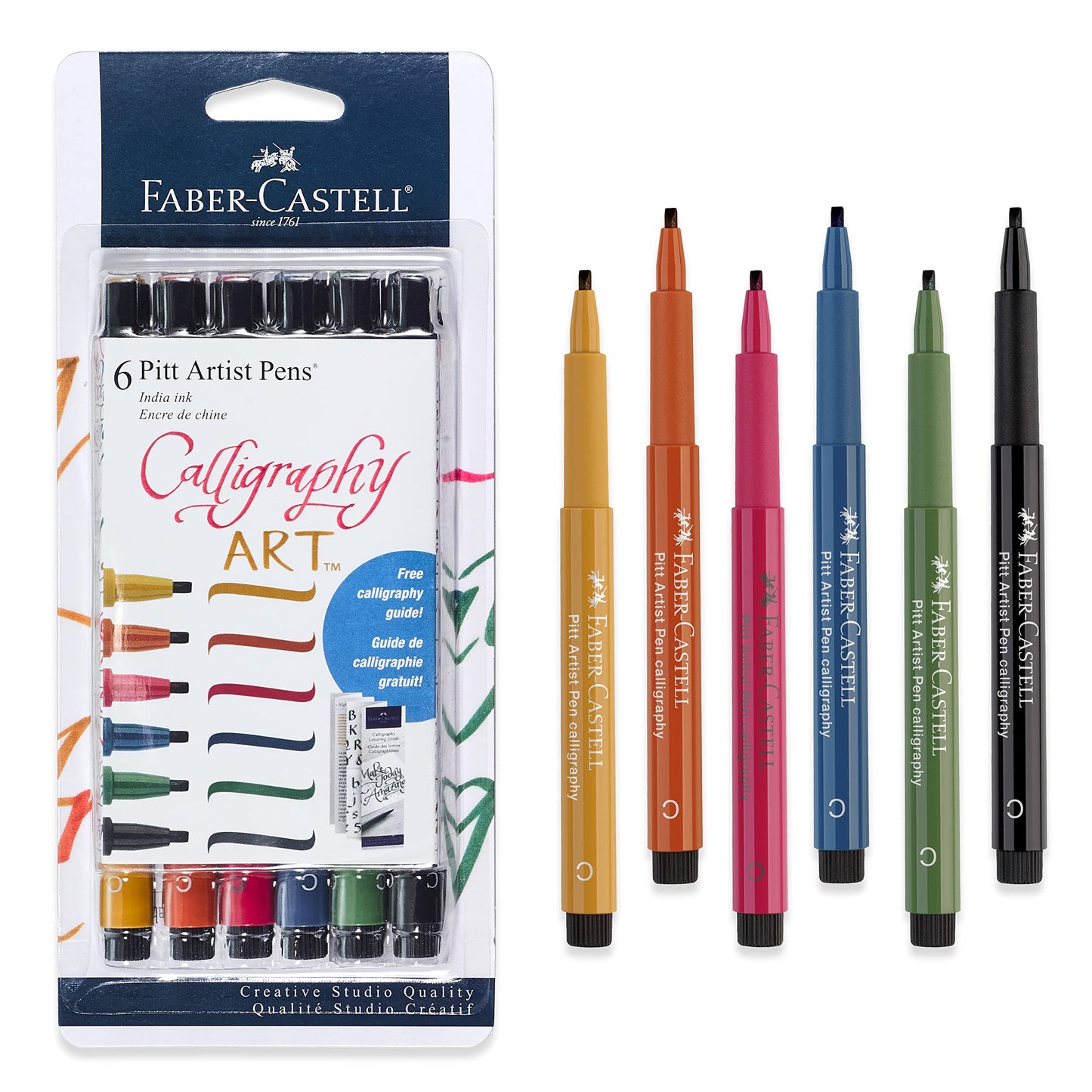Faber-Castell Pitt Artist Calligraphy Pens | 6 India Ink Pens, 2.5 mm Chisel Tip | Multicolor Calligraphy Pen Set for Lettering, Journaling, Creative Writing & Hand Lettering Designs