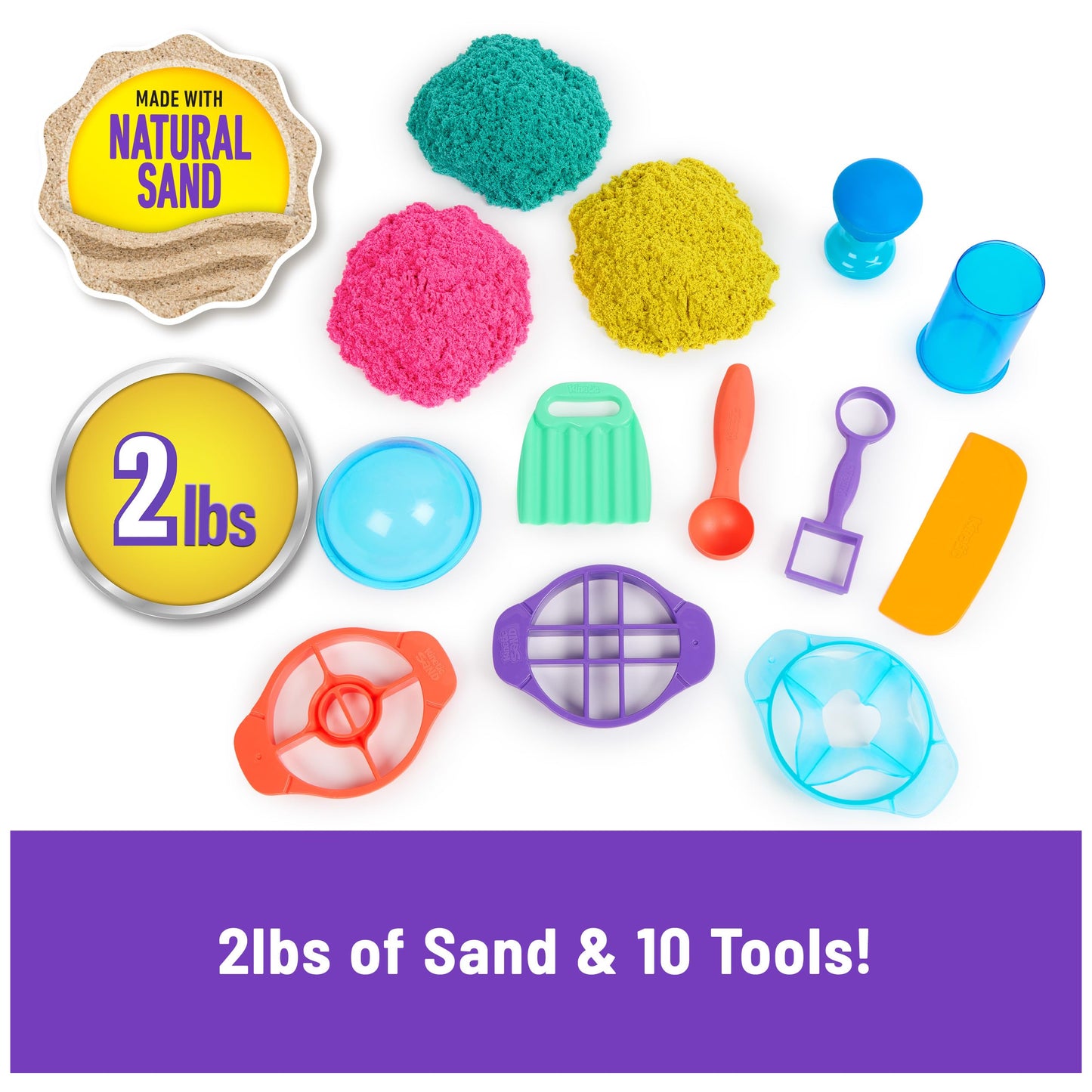 Kinetic Sand, Ultimate Sandisfying Set with 2lbs Play Sand (Pink, Yellow & Teal), 10 Tools & Molds, Sensory Toys for Kids Ages 7 and up