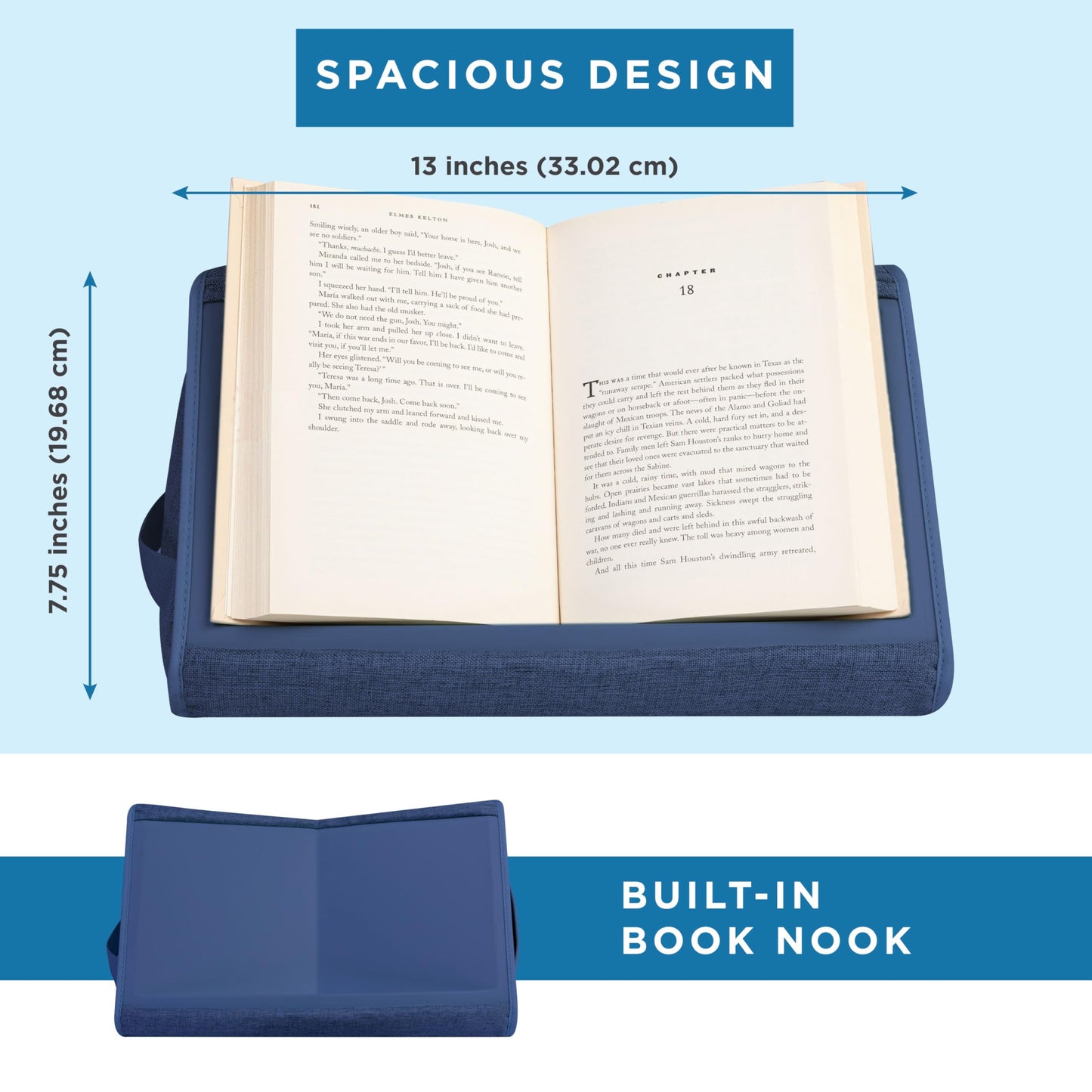 LAPGEAR Book Pillow – Lap Reading Cushion with Built-in Book Stand – Fits 6x9 Books & Similar Sizes – Denim Blue – Style No. 33203