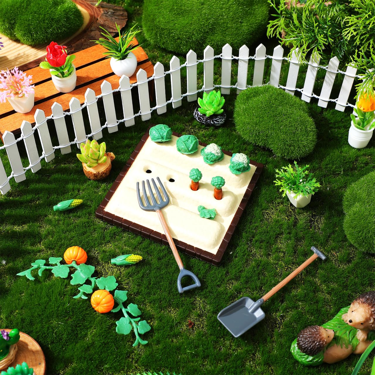Mini Landscape Vegetable Field Model with 3 Farm Tool Models 1/12 Scale Small Shovel Gardening Tools for Dollhouse Scene Decor 3.54X3.54X0.78 Inch
