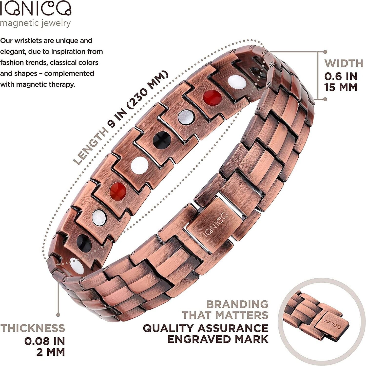 HOLVIST Magnetic Bracelet for Men and Women 4000 Gauss | Adjustable Length, Sizing Tool and Gift Box (Copper)