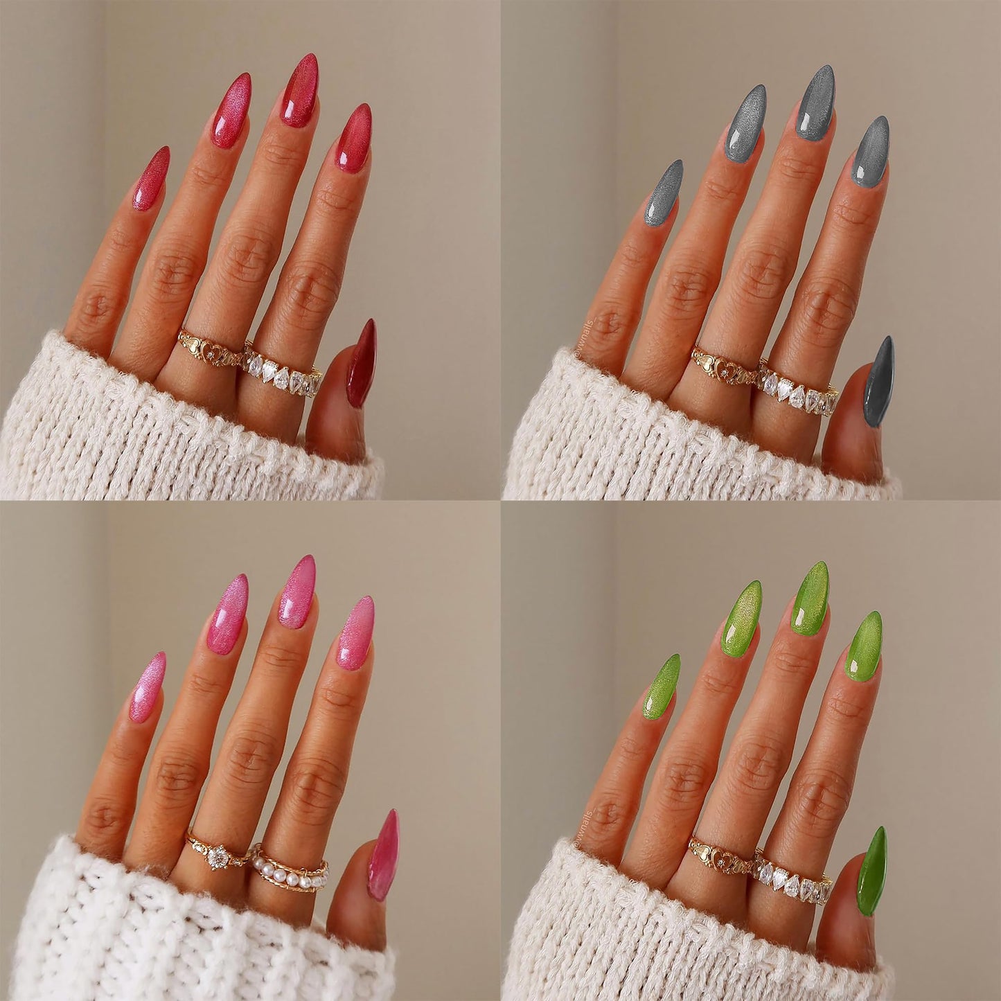 KKUUOO 4 Packs Press on Nails Almond Solid Color Fake Nails with Gradient Design Glitter Glossy Acrylic Nails Stick on Nails for Women 12 Sizes 4 Styles 96 Pieces Total