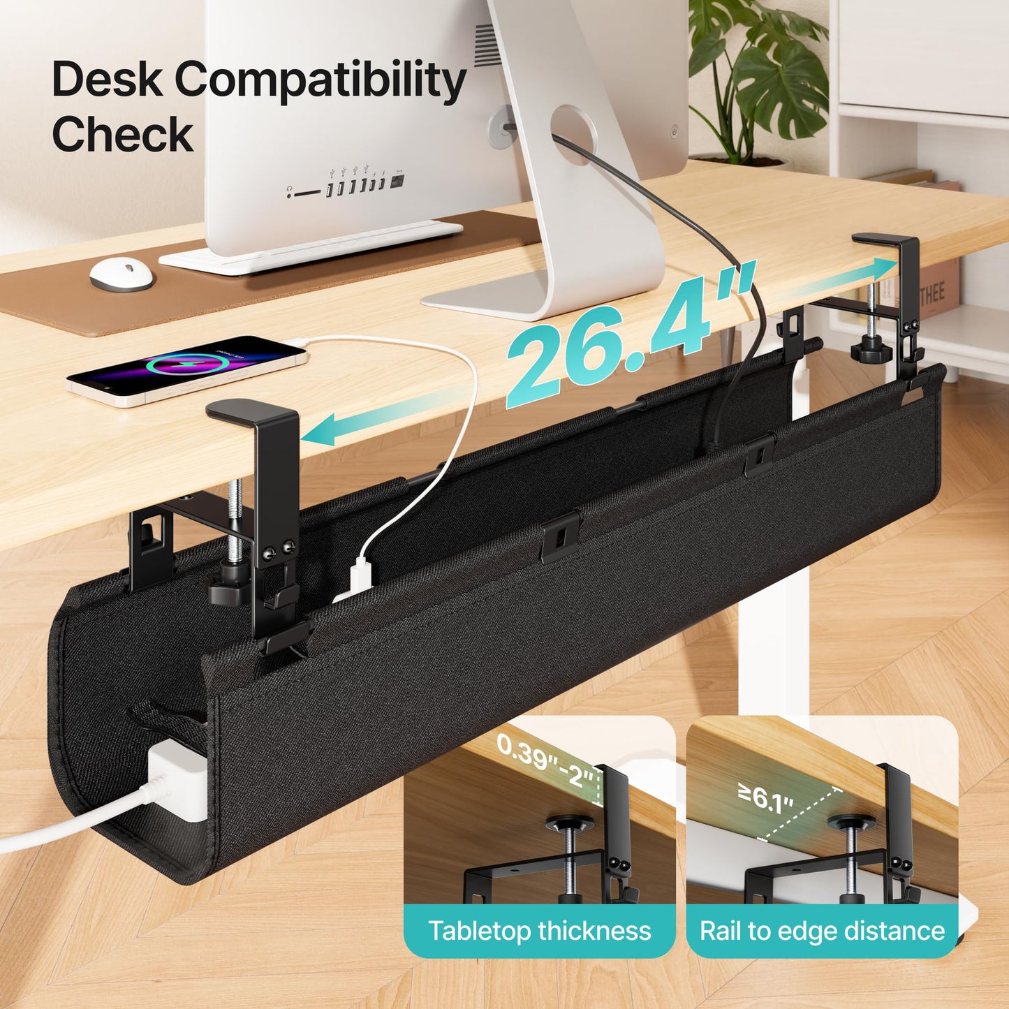 PEGZONE No Drill Under Desk Cable Management Tray, 31.5" Cord Management Under Desk for Table, Clamp Mount Desk Cable Management, Premium Fabric Wire Management Tray for Office, Home