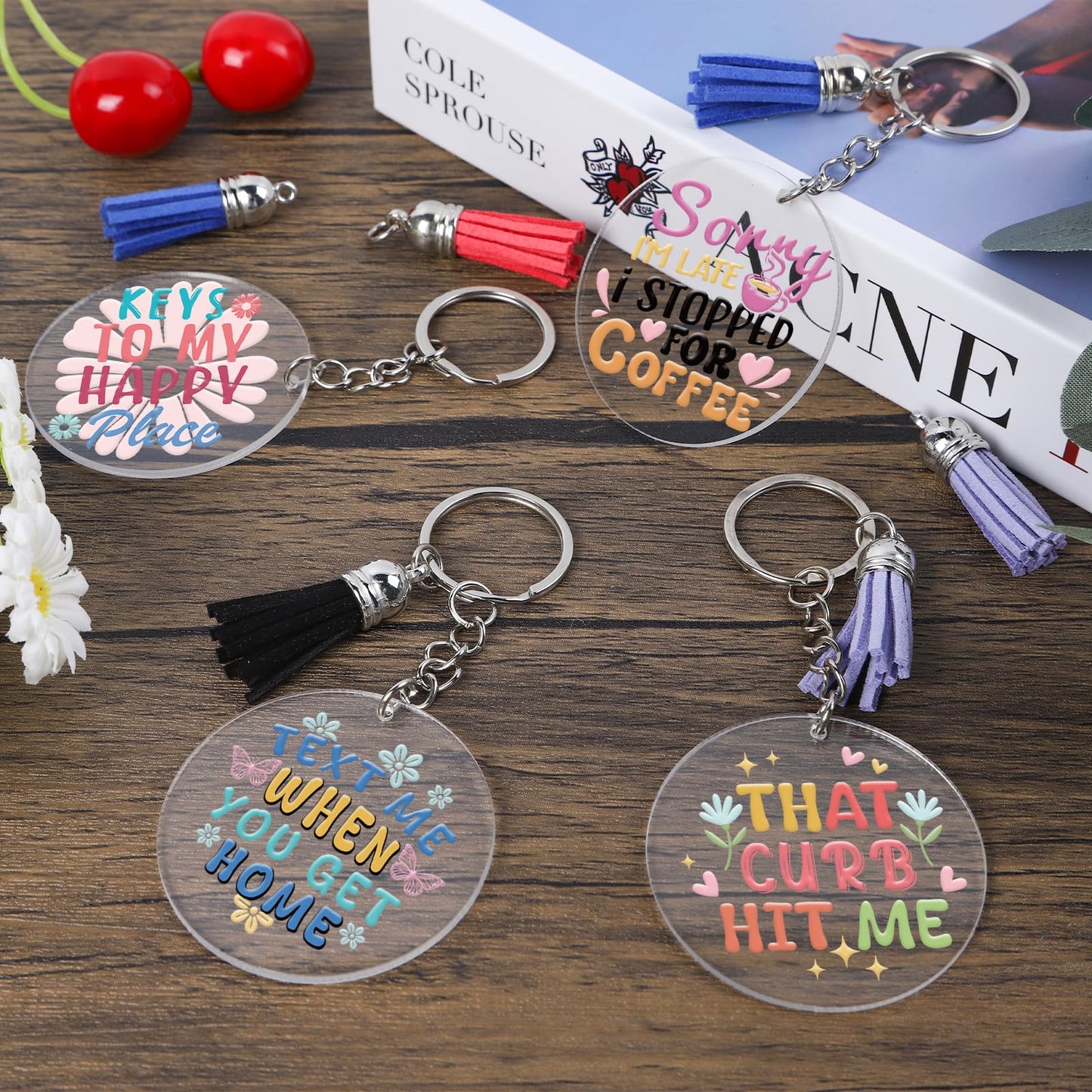 Shejdgart Acrylic Keychain Blanks Kit - 60 Pcs Clear Acrylic Blanks Set with 40 Sheet Double-Sided Printing Funny Humorous Quotes Cold UV DTF Transfer Stickers Tassels, DIY Keychain Crafts Gift