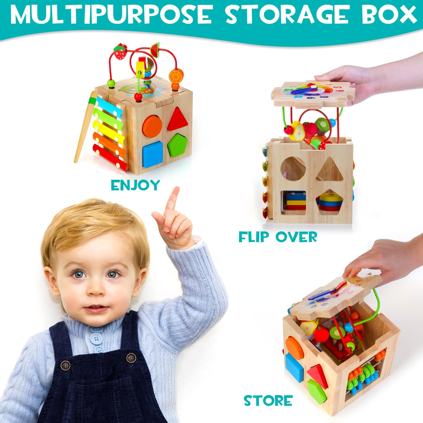 HELLOWOOD Wooden Activity Cube, 8-in-1 Montessori Baby Toys for 1+ Year Old Boys & Girls, Educational Learning Toys for Toddlers Age 1-2, 1st Birthday Gift | Bonus Sorting & Stacking Board
