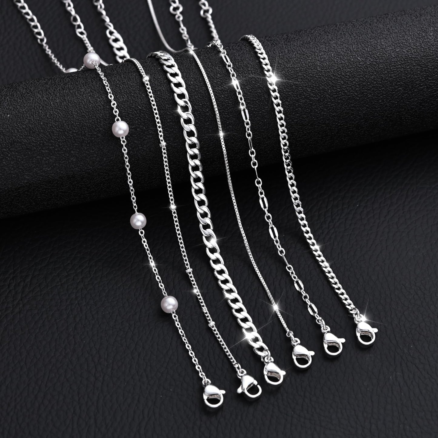 14K Silver Plated Pearl Bracelets for Women Waterproof, Dainty Silver Plated Cuban Link Chain Bracelet Stack Silver Pearl Jewelry Set for Womens Beaded Bracelets Small Simple Cute Thin Prom Wedding Jewelry