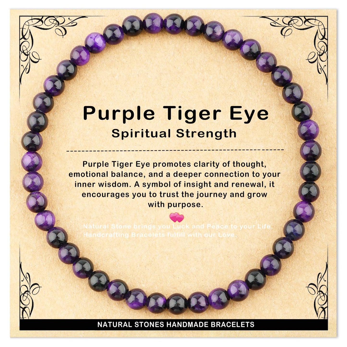AD Beads 4mm Handmade Purple Tiger Eye Elastic Bracelet – Natural Gemstone for Peace and Tranquility – Meditation, Yoga, Healing and Energy Gift for Men Women