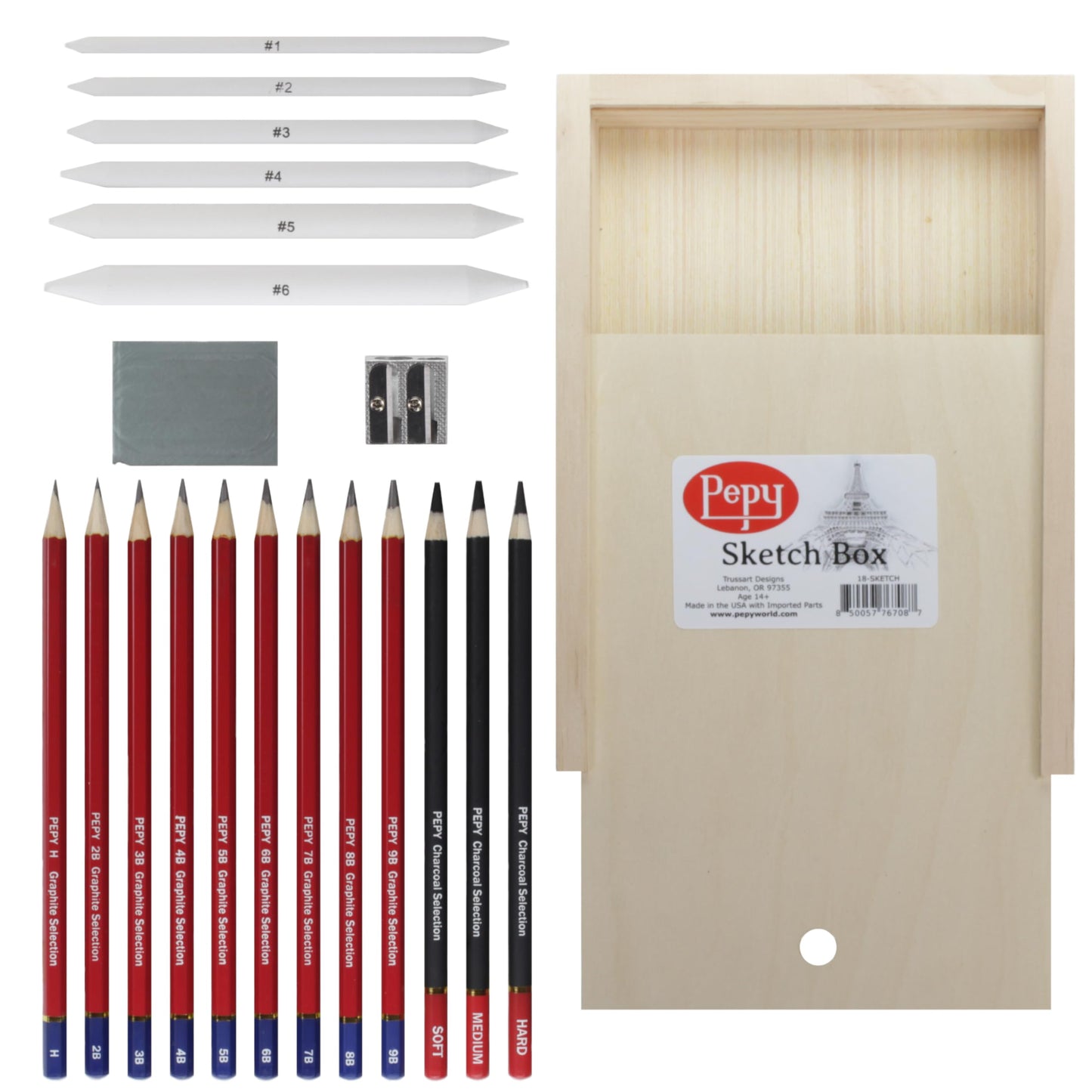 Pepy Sketching and Drawing Set in Wood Carrying Box: 3 Charcoal Pencils, 8 Graphite Pencils, Sharpener, Eraser, and Set of 6 Blending Stumps