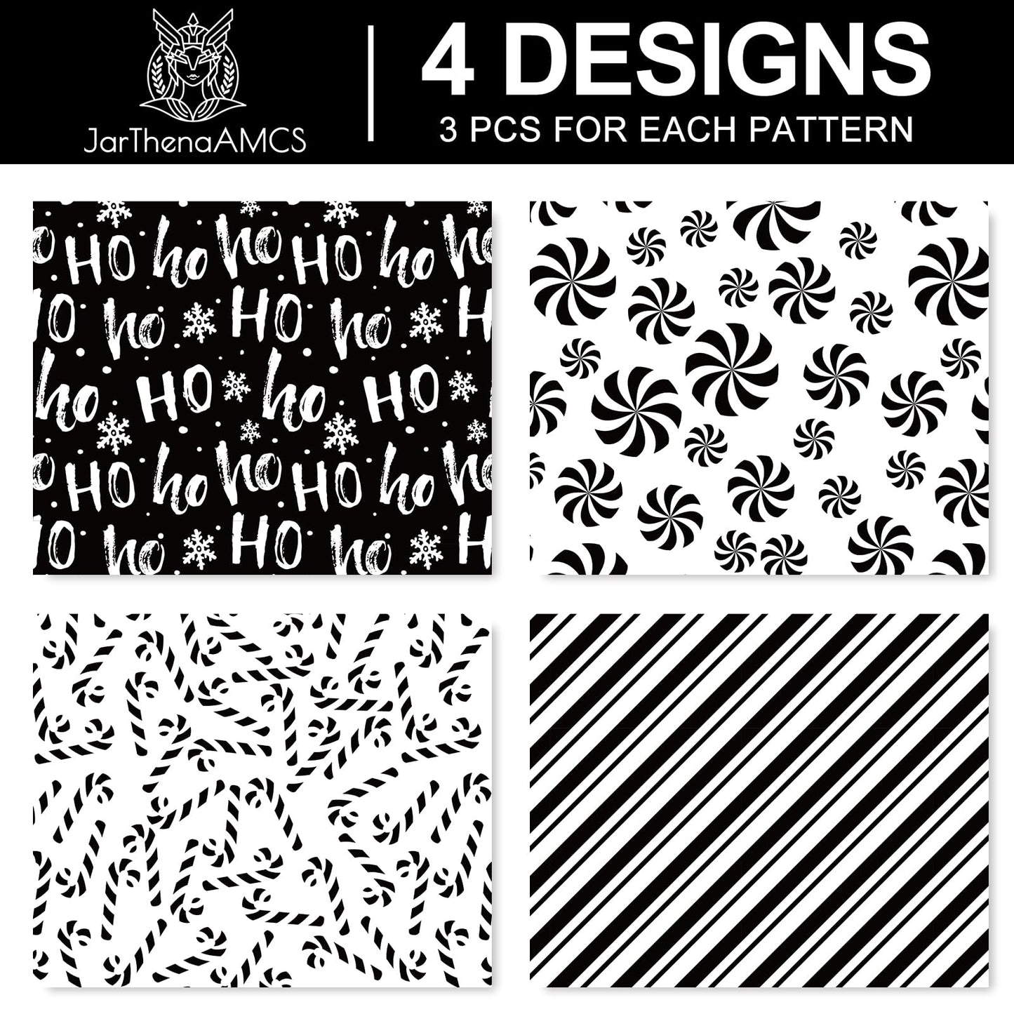 JarThenaAMCS 12 Sheets Christmas Wrapping Paper -Not Roll- Black White Gift Wrap Paper Candy Cane Stripe Folded Flat Craft Papers for Xmas Winter Party Packaging, 27.6 x 19.7 Inch