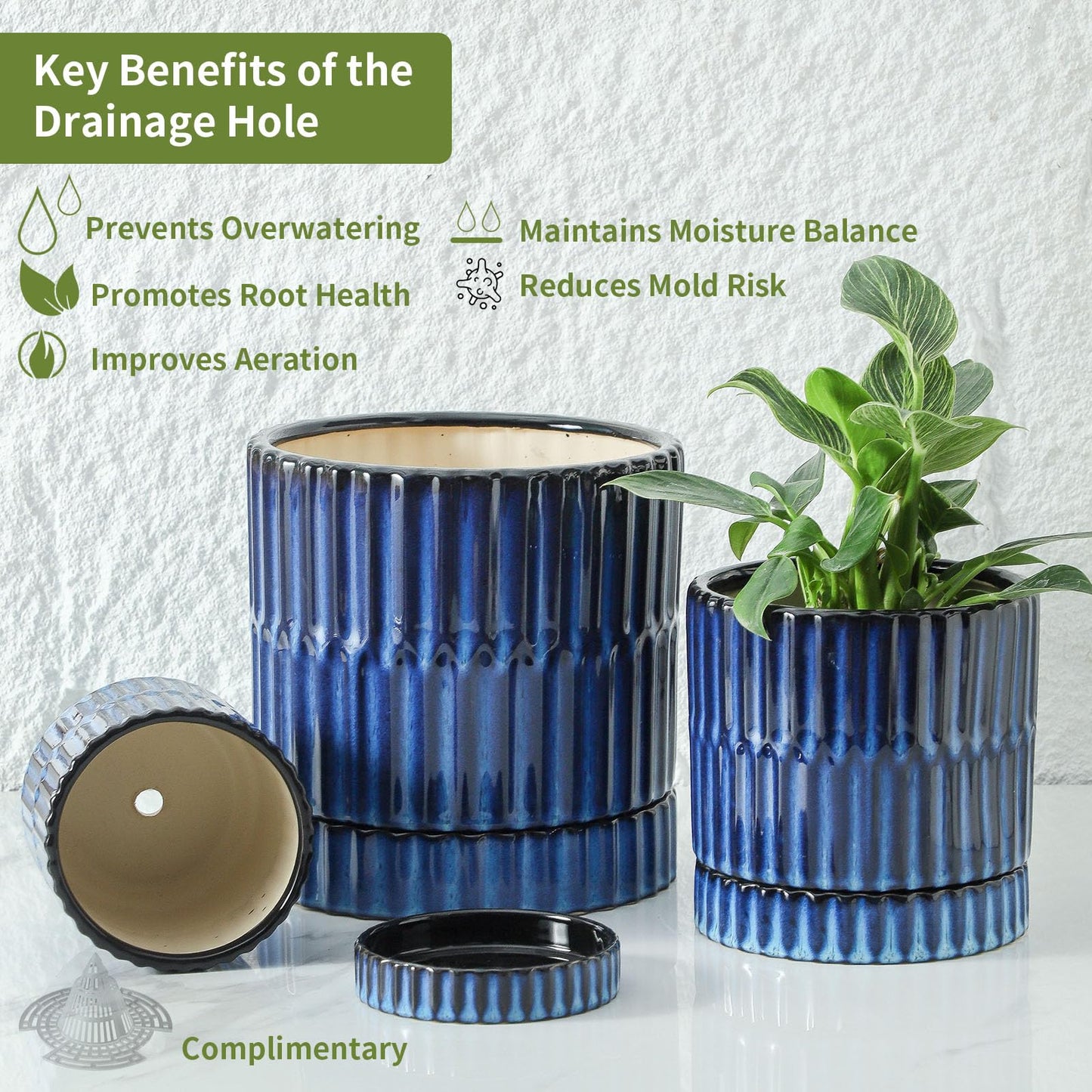 HASENSE Ceramic Plant Pots Set of 3 (8+6+4.6 Inch), Flower Planters with Drainage Hole and Saucer, Indoor Planter Pots for Succulents, Herbs, Ideal for Home Office Desktop Garden Decor(Blue)