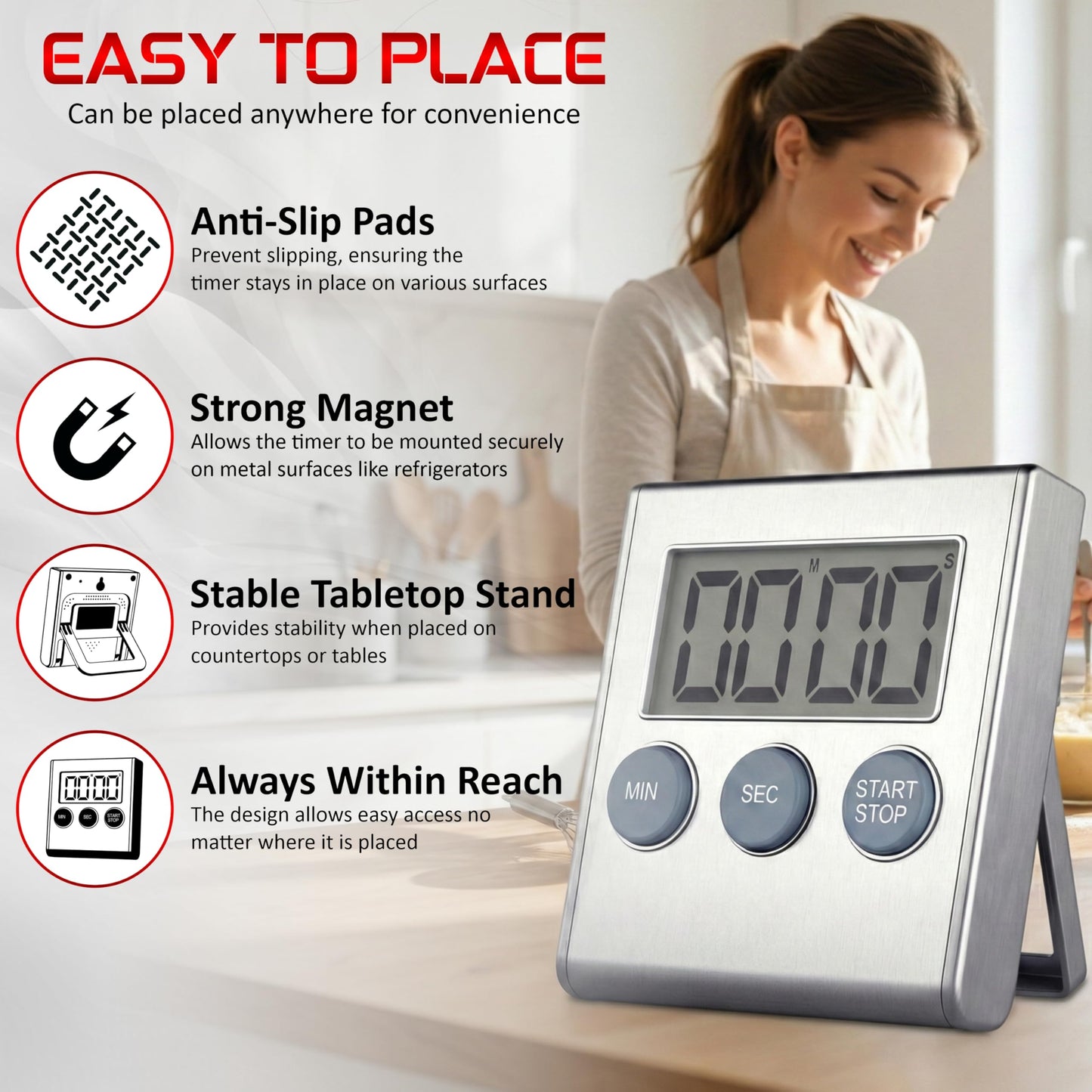 Digital Kitchen Timer for Cooking, Magnetic Countdown Timer with Loud 80dB Alarm, Large Display, Adjustable Stand, Auto Memory, Stop Watch for Classroom, Study, Kids - Silver