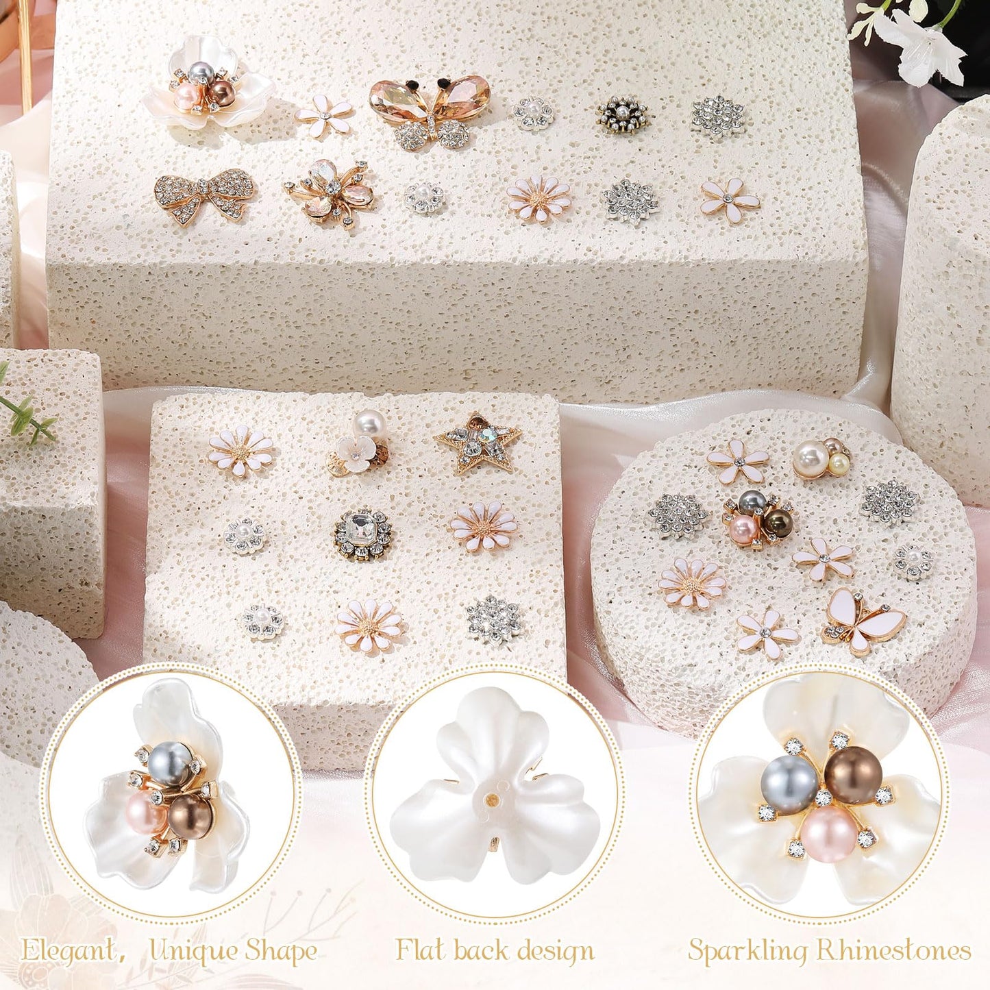Liliaafar 30 Pcs Rhinestone Buttons Faux Pearl Embellishments Flat Back Flower Rhinestone Butterfly Buttons for Clothing Jewelry Making DIY Decoration Sewing Crafts Bag Shoes Women Wedding Bridal
