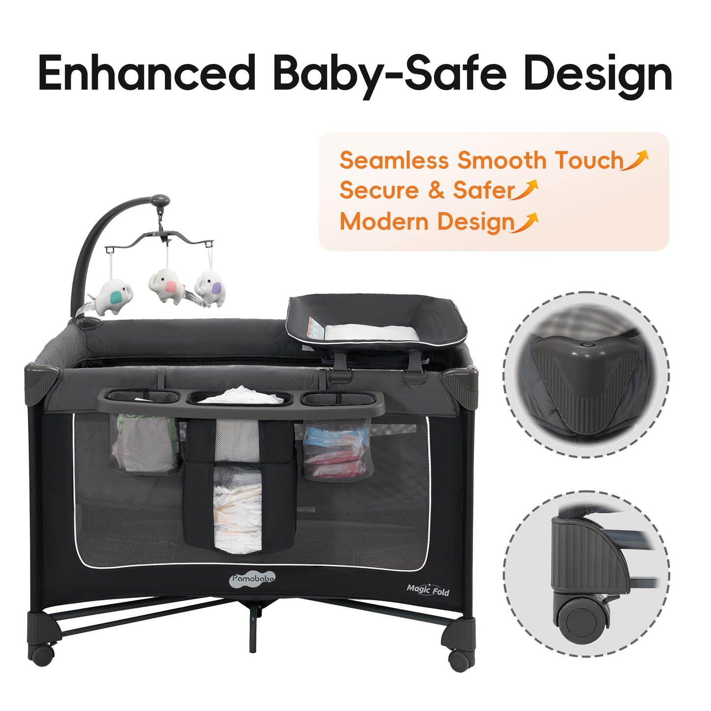 Pamo Babe Magic Fold Pack and Play with Bassinet 1 Step Set Foldable Playards Baby Playard with Changing Table Portable Playpen with Zip Door