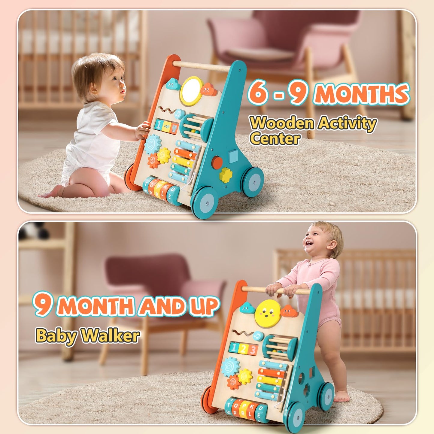BAUTIA Wooden Baby Walker, Montessori Walker for Babies 6-12 Months, Push Walking Toys for 1 Year Old Learning to Walk