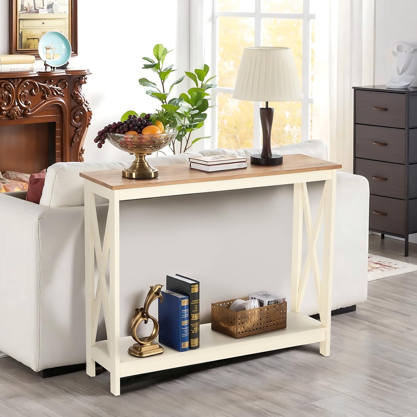 PHI VILLA White Entryway Table, Farmhouse Console Table Narrow Sofa Table Hallway, Ivory Skinny Entry Table