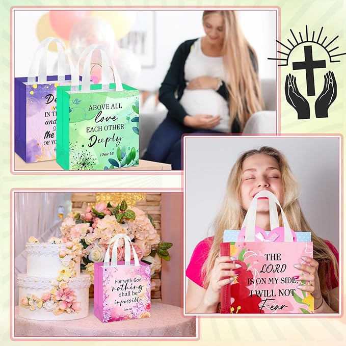 HunnmingRe 32 Pcs Christian Gift Bags Bulk, Easter Reusable Flower Religious Bible Verse Tote with Handles Non Woven Scripture Pastor Blessing Gift for Baptism Church Wedding Favors