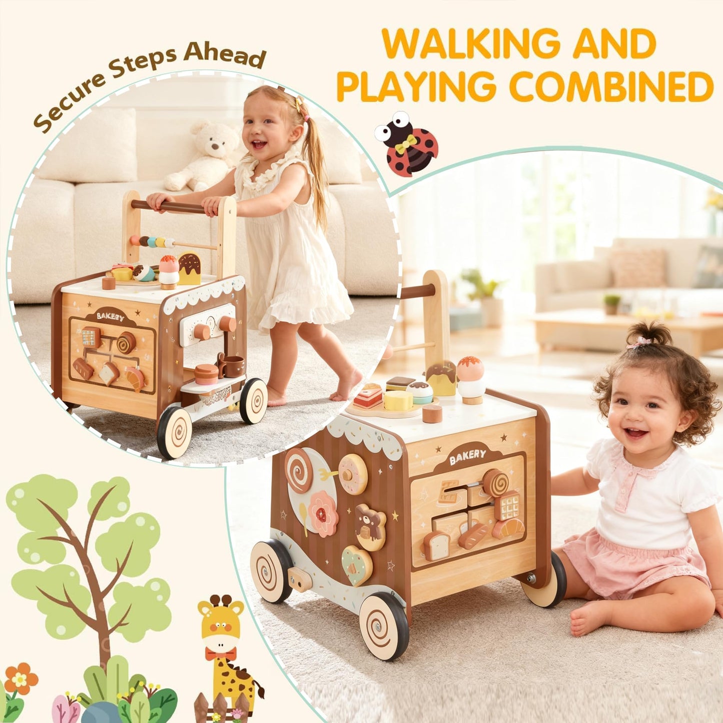 Wooden Baby Walker Push Walker with Adjustable Speed, Montessori Bakery Toy Walker with Coffee Machine & Play Food for 1 Year Old, First Birthday Gift