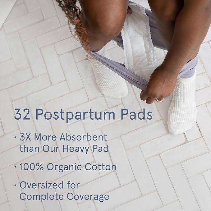 LOLA Organic Cotton Postpartum Pads, 32 Count, Ultra Absorbent and Extra Long Pads, Overnight and Full Coverage, Postpartum Essentials