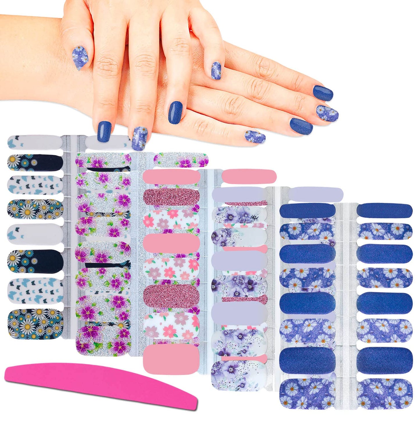 SILPECWEE 5 Sheets Flower Glitter Nail Polish Strips Adhesive Nail Stickers Full Nail Wraps for Women Nail Art Stickers Stick on Nails with 1pc Nail File
