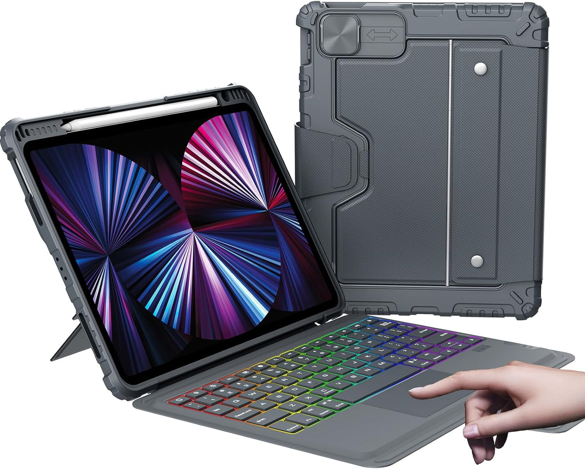 Nillkin iPad Air 13 inch Case Keyboard (M3,2025/M2,2024), Slide Camera Cover, iPad Pro 12.9 Protective Case with Backlit Wireless Detachable Keyboard, Multi-Touch Trackpad and Pencil Holder, Grey