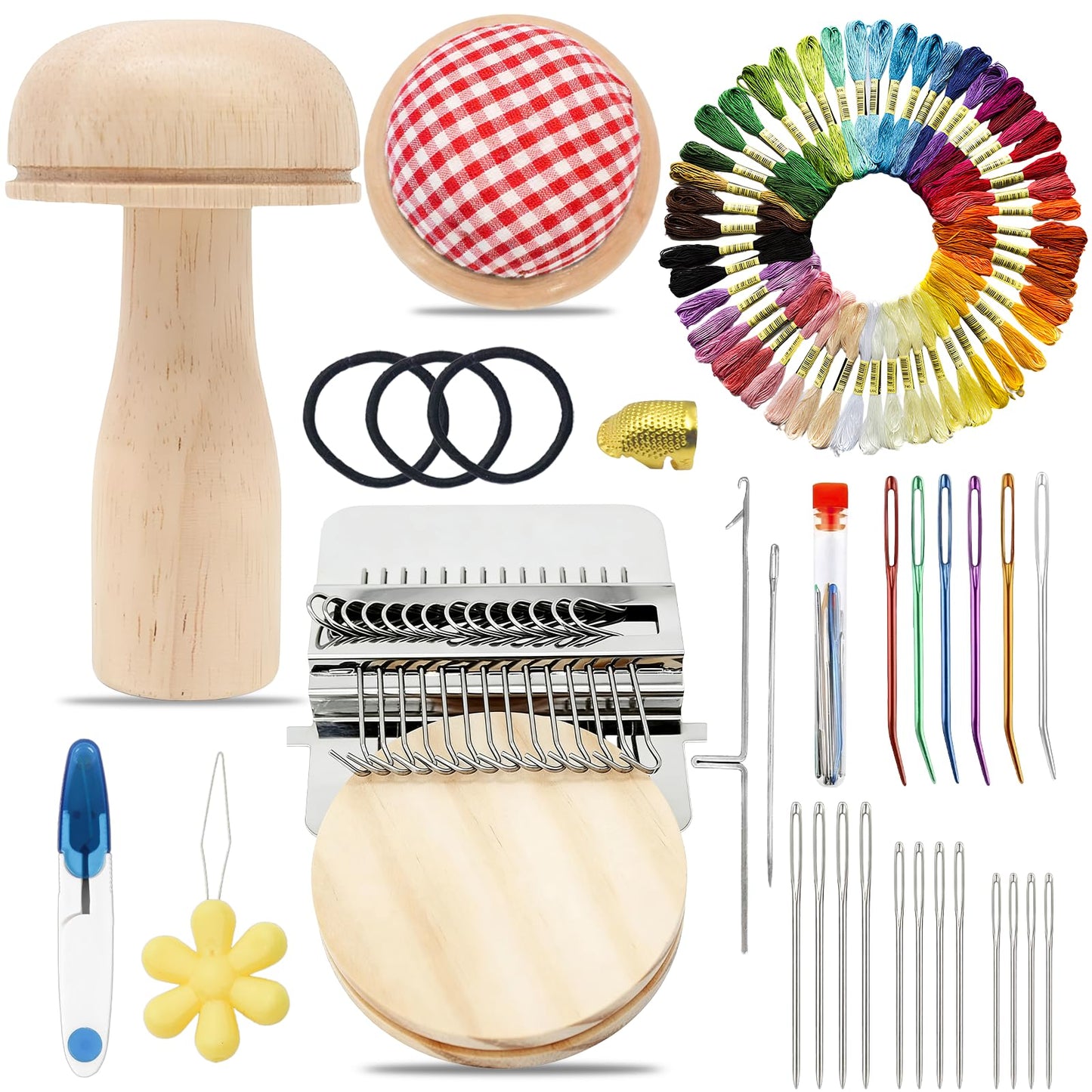 Mini Darning Mushroom for Socks 14 Hooks Small Speedweve Style Weaving Darning Loom with Knit Patch Kit Patch Maker Large Eye Needles 100 Colors Thread for Handcraft DIY Weaving Repair Tool