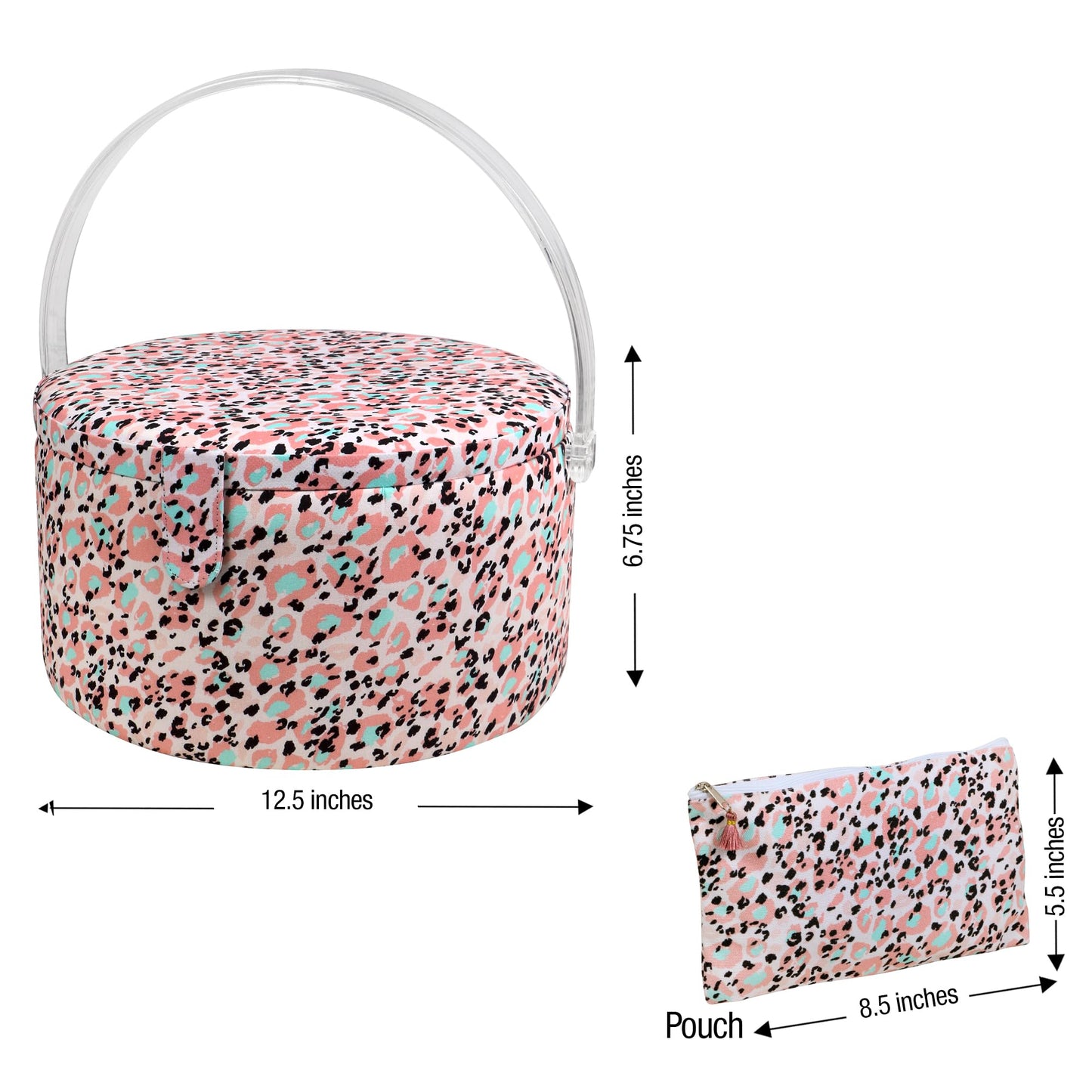 SINGER Large Round Sewing Basket with Emergency Travel Sewing Kit & Matching Zipper Pouch - Rose Pink Leopard Print