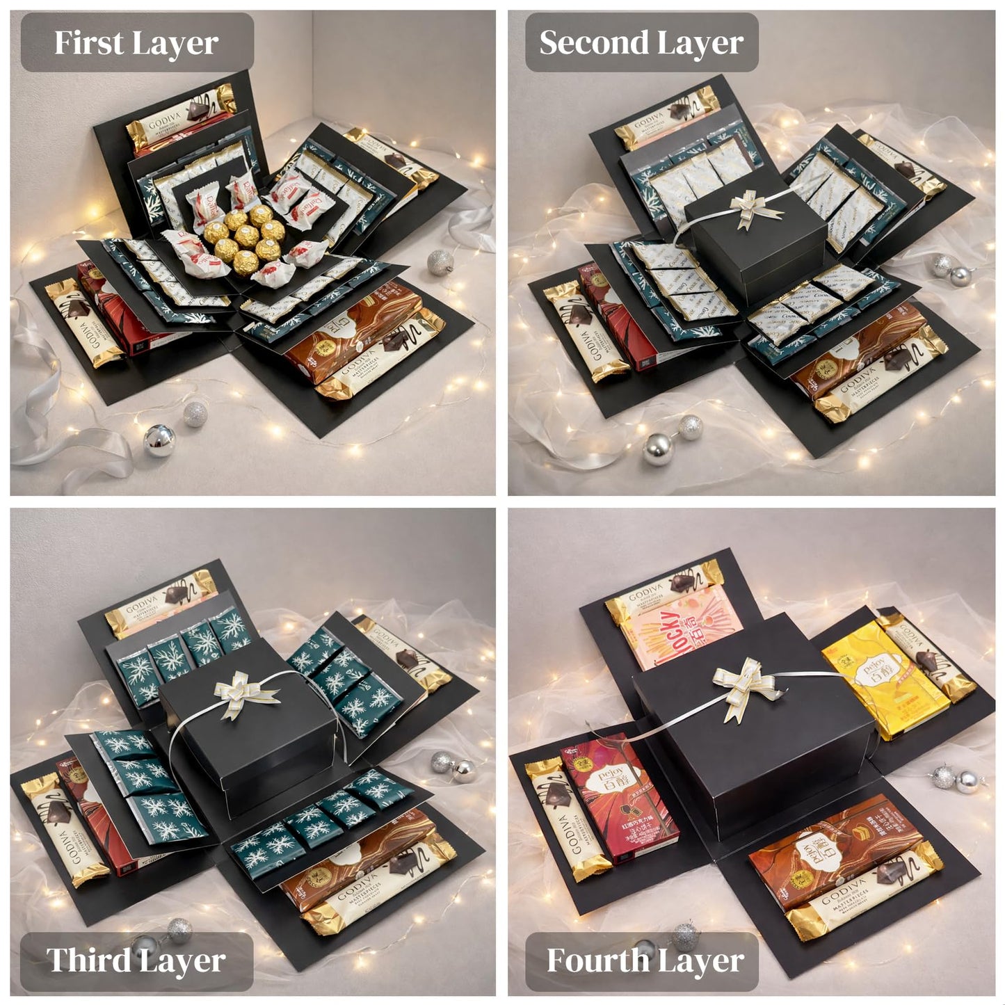 4-Layer Explosion Gift Box, 10''x10''x7'' Black Creative Gift Boxes for Presents, DIY Surprise Gift Box Explosion for Birthday Birthday Easter Mother's Day and Father's Day Anniversaries (Black)