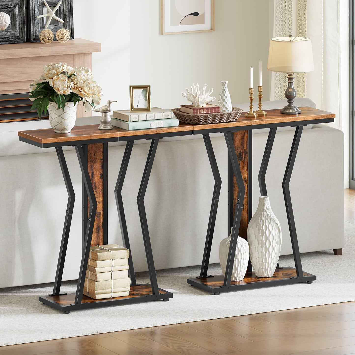 HOOBRO Narrow Console Table Bundle, Small Entryway Table with Storage, Sofa Side Display Table, for Hallway, Bedroom, Living Room, Foyer BF75XG01-BF66XG01